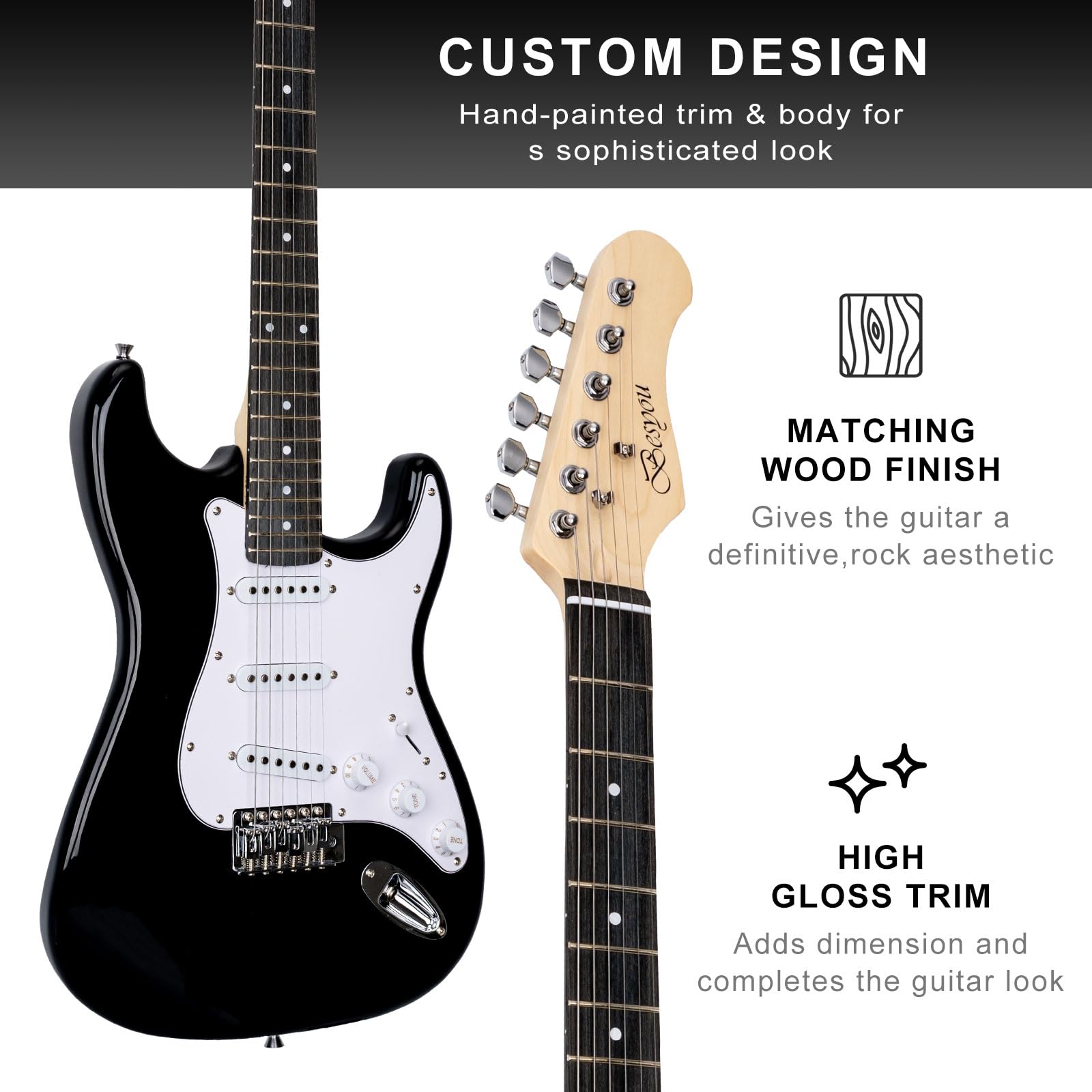 E-Gitarre 39 Zoll Anfänger E-Gitarre Kits mit Verstärker Classic SSS Tonabnehmer Komplett mit Gigbag Tuner Kapodaster Gurt Plektren Gitarrensaitenwickler Schwarz