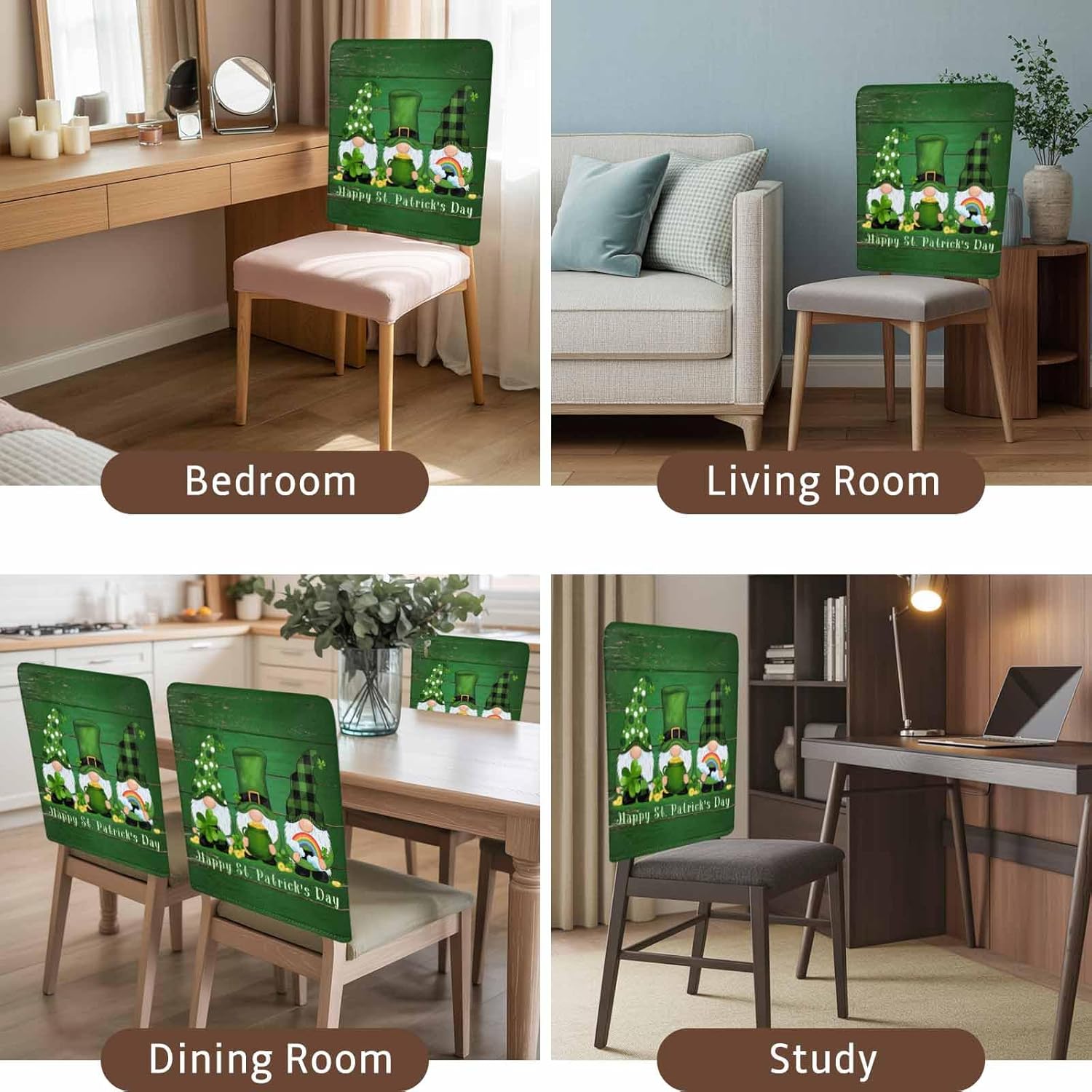 Savannan St. Patrick's Day Gnome Dining Chair Back Covers, Shamrock Rustic Old Wooden Green Chair Covers Chair Slipcovers Protective Covers for Holiday Party Festival Decoration, Set of 4