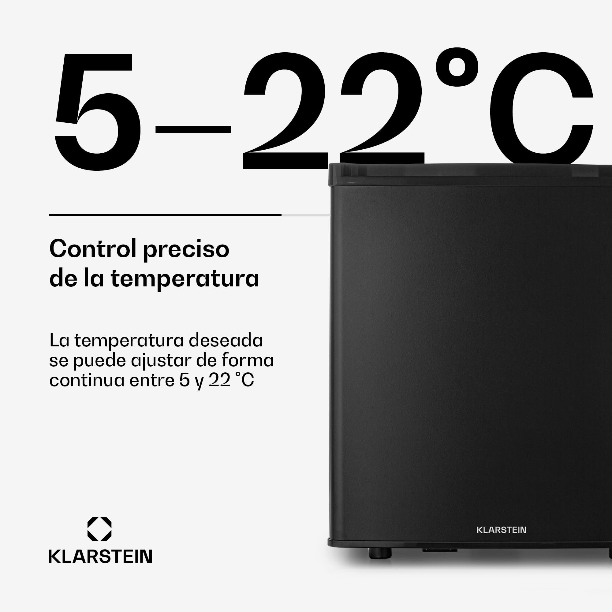KLARSTEIN Happy Hour Mini Nevera para Dormitorio, Nevera Pequeña para Bebida y Comida, Neveras Pequeñas Iluminación Interior, Estantes Ajustables, para Habitaciones. Oficina, Camping, 6-18°C, 45L