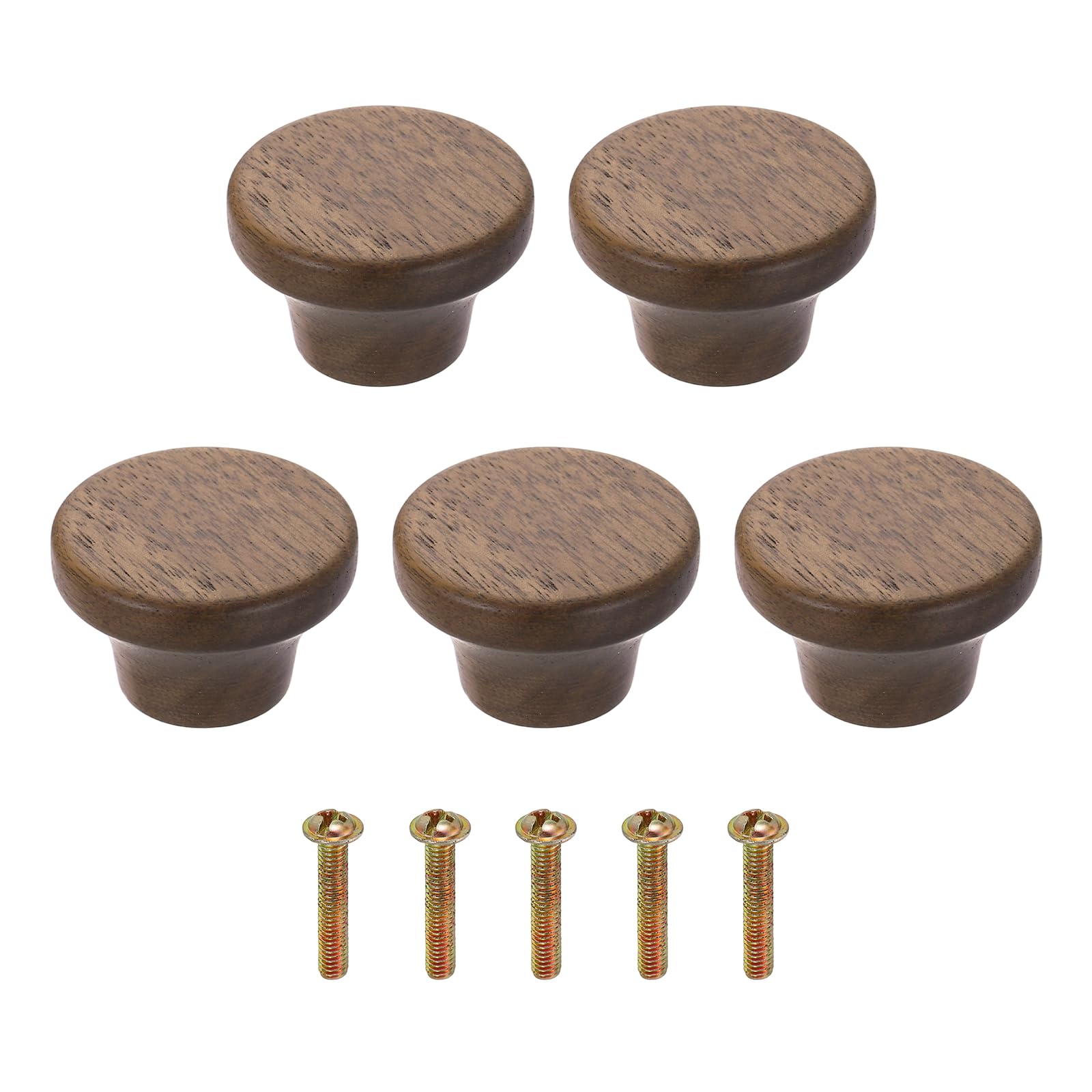 sourcing map 5Pcs Round Wood Drawer Knob, 1.57" Diameter Flat Head Dresser Knobs Solid Wooden Knobs with Screws for Furniture Drawer Wardrobe Cupboard, Walnut