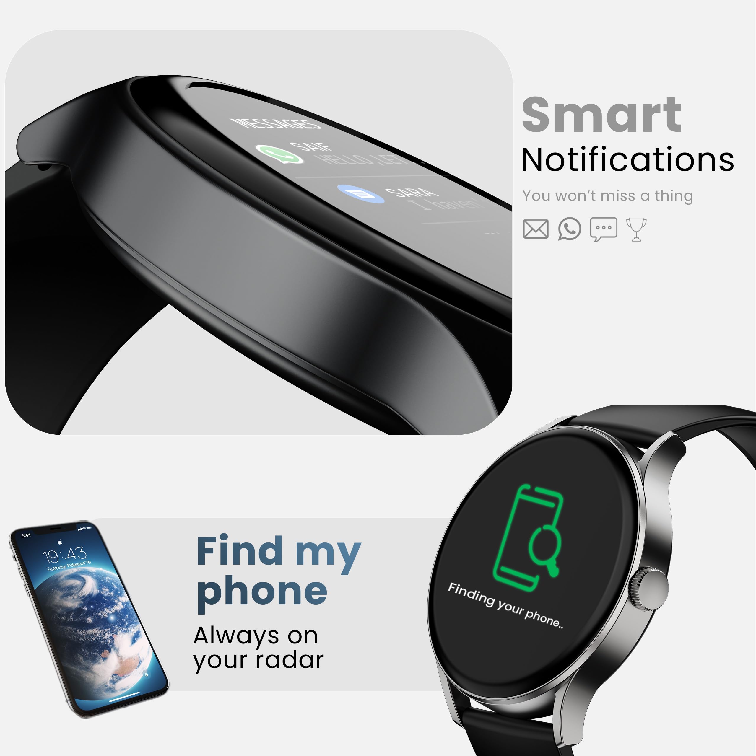 Boult Rover Pro Smart Watch 3.0 cm AMOLED, połączenia Bluetooth, IP68, ramka ze stopu cynku, jasność 1000 nitów, asystent głosowy AI, monitorowanie SpO2, smartwatch z trybem sportowym 120+ (Ash Black)