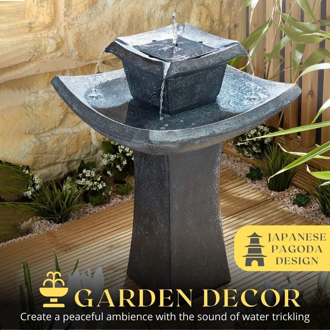 Garden Mile Fontana solare Pogoda dal design giapponese, effetto pietra tradizionale, vaschetta ornamentale per uccelli da giardino, patio, in resina ad alta efficienza energetica, a 2 ripiani