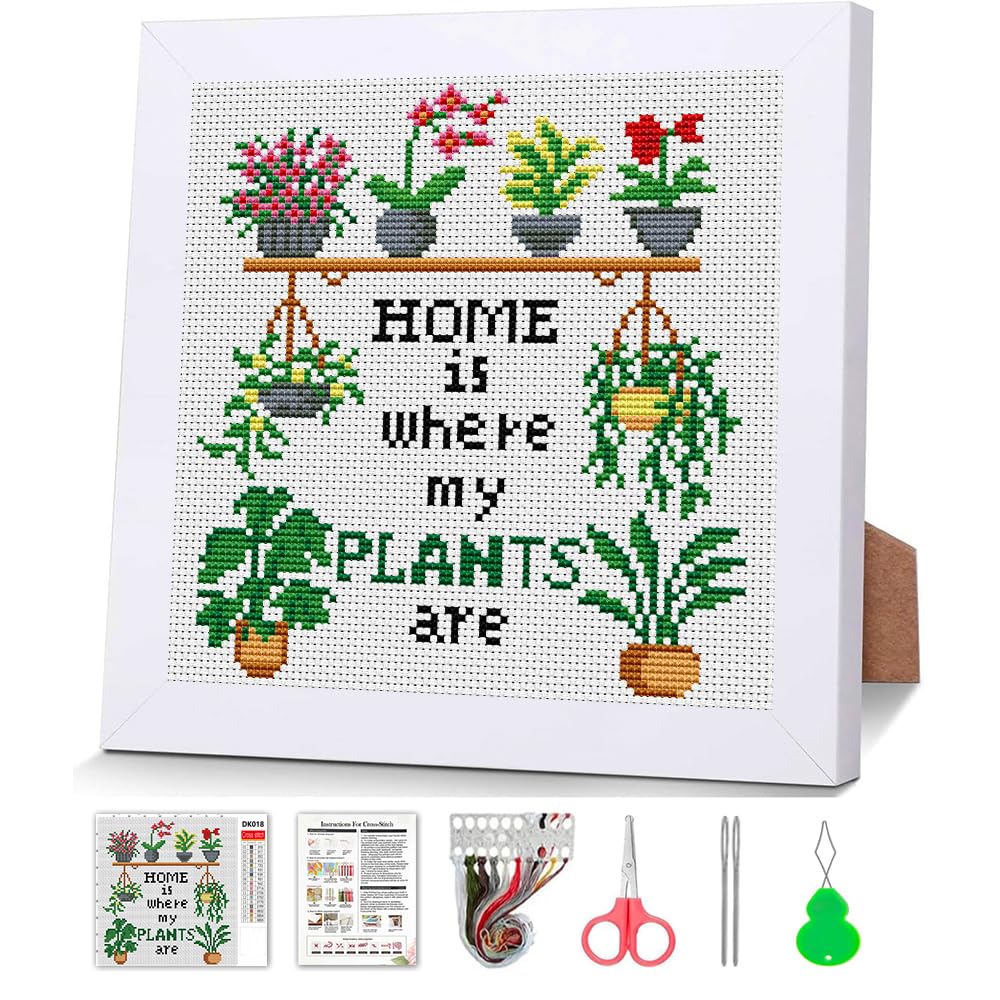 Plant Flower Stamped Cross Stitch Kits for Adult Beginner with Wooden Frame