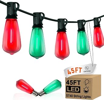 GOOTHY LED ST40 Red and Green Outdoor String Lights, 45FT Patio Lights Waterproof with 30 LED Red Green Shatterproof Bulbs, Hanging Outdoor Light for Home Party Backyard Garden Christmas Decorations