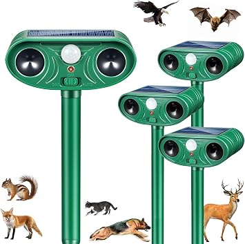 Solar Animal Repeller Outdoor, 4 Pack Deer Deterrent with Motion Sensor | Motion-activated ultrasonic sound helps discourage deer, rabbits, squirrels, and raccoons from gardens, lawns, and patios.