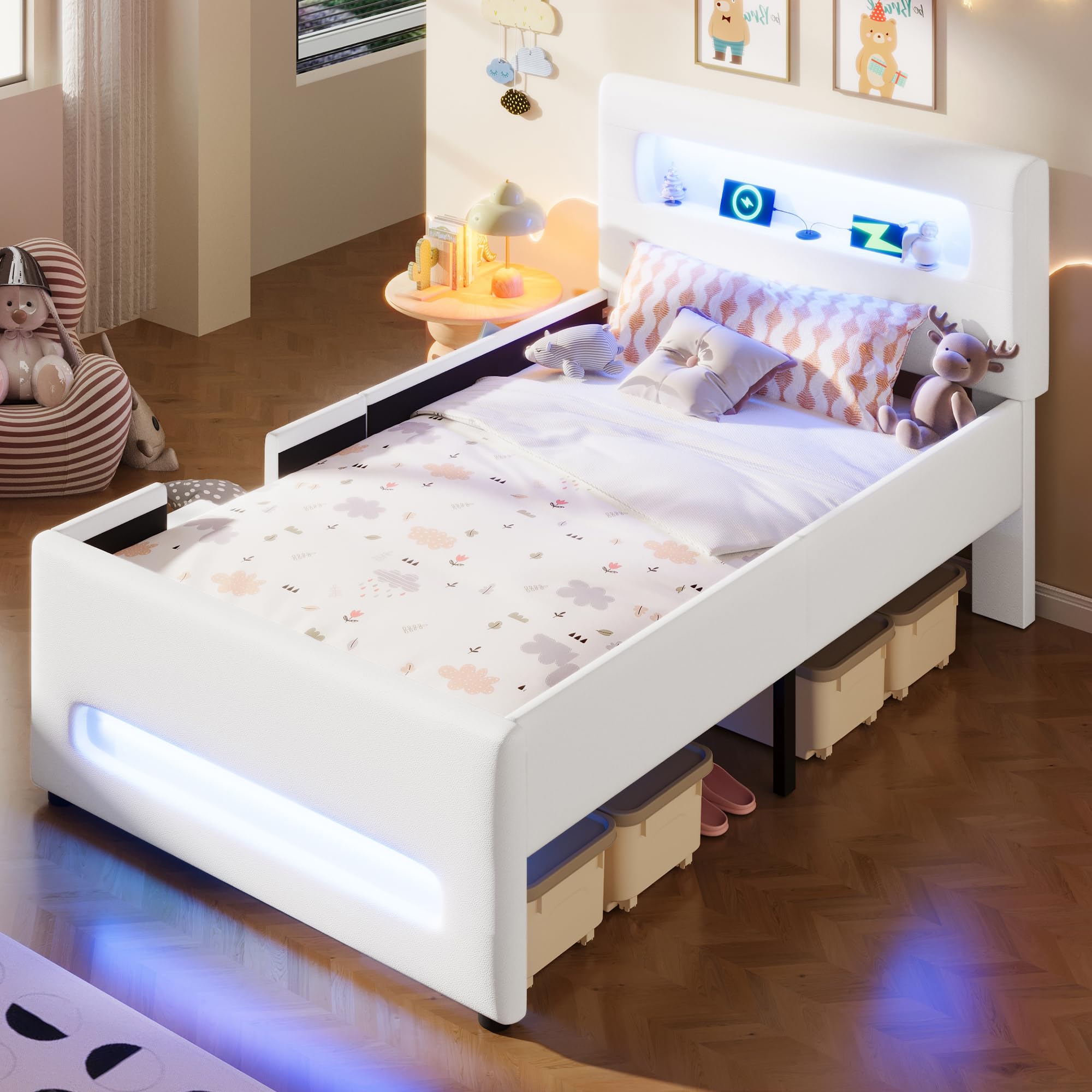 Tapicerowane łóżko platformowe 90 x 200 cm, białe, z szufladami LED, schody, USB