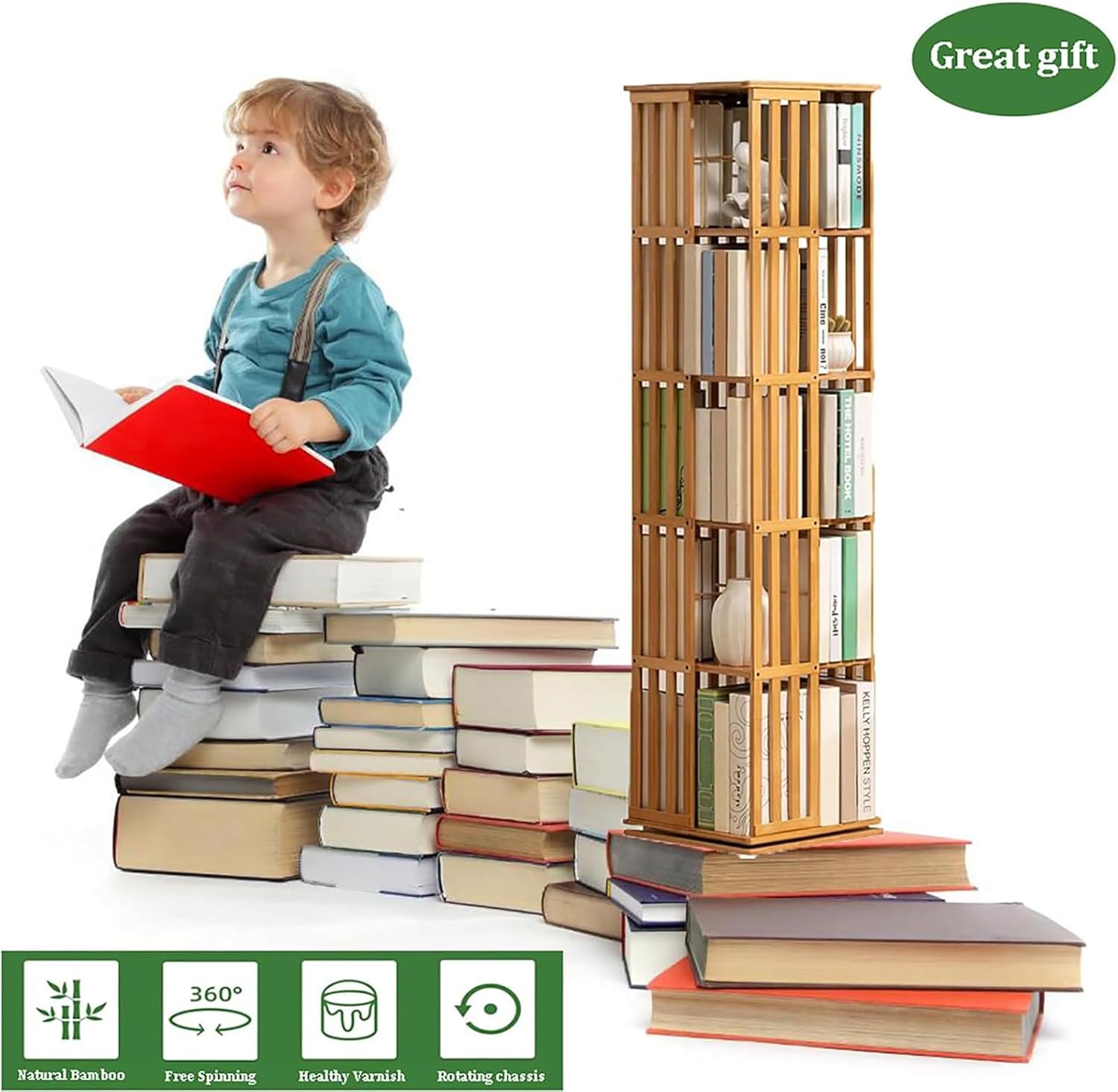 5/6 Tier Rotating Bookshelf, 360° Rotating Bookshelf, 360 Display Bamboo Revolving Bookshelf, Solid Wood Rotating Bookshelf, Shelves Rotating Bookcase,Brown-5Tier