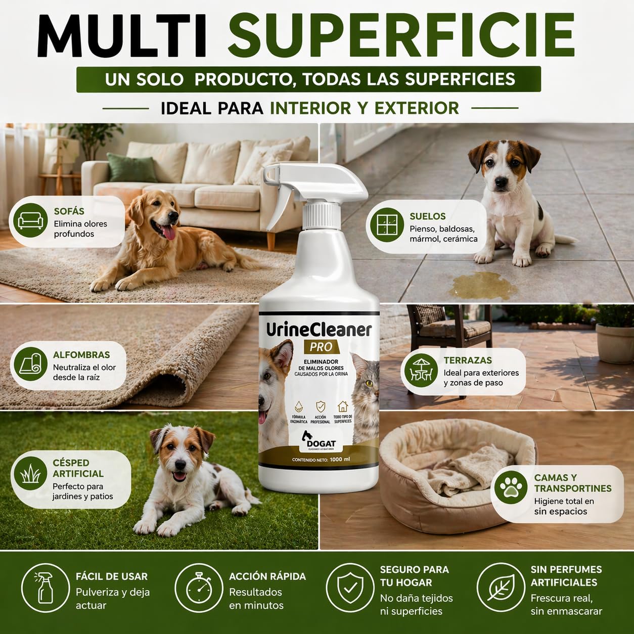 Eliminador Olor Orina Perro y Gato 1000 ml | Neutralizador Profesional de Malos Olores de Mascotas | Spray Limpiador Enzimático para Sofá, Suelo, Alfombra, Terraza y Césped Artificial