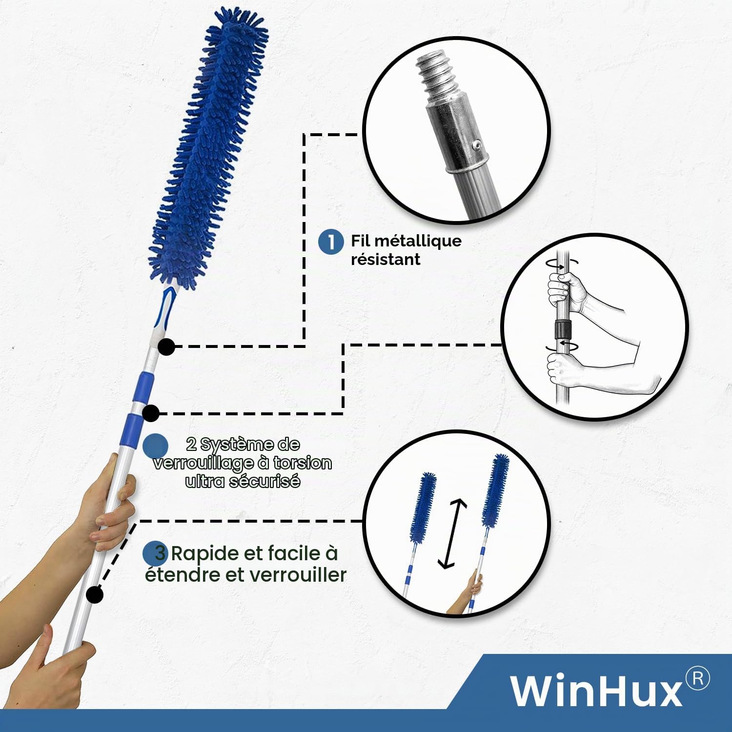 WinHux Plumeau Chenille Télescopique 3,47 m — Manche Extensible Aluminium, Tête Chenille Pliable et Lavable pour Plafonds Hauts, Toiles d'Araignée, Ventilateurs