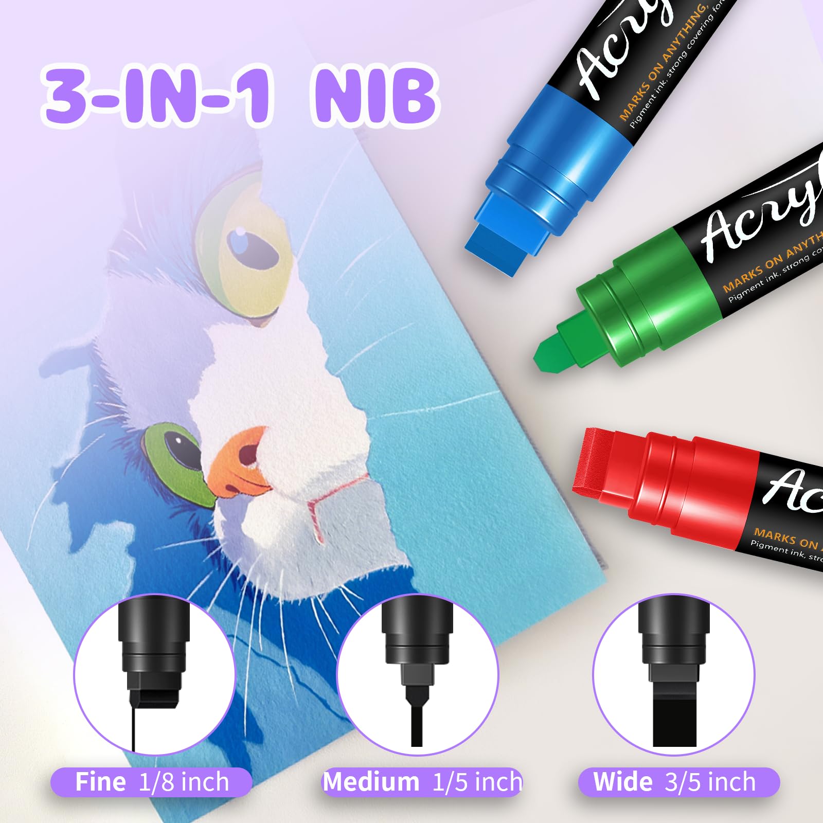 15 mm brede acrylstiften, 20 kleuren, 3-in-1 permanente acrylverf stift