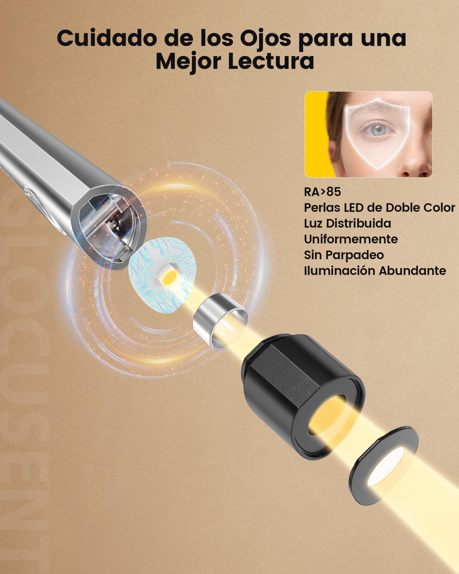 Glocusent Luz de Lectura con bolsa dura de Eva, Lampara Libro de Lectura Recargable, 3 Colores, 6 Niveles de Iluminación, Brazos Flexibles, Larga Duración, Perfecto para Leer, Tejer, Reparar
