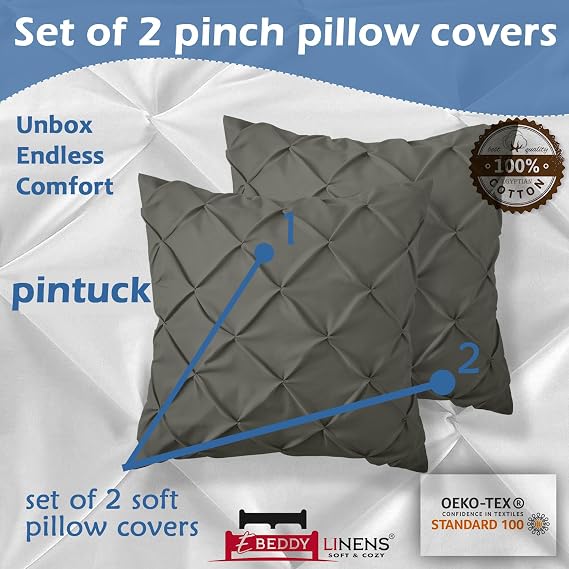 eBeddy Linens European Square Pinch Pleated Pintuck Pillow Shams Set – Dark Grey Egyptian Cotton Envelope Closure, 800-TC, Soft, Cozy & Breathable 26x26 Inch Cushion Cover for Sofa, Couch & Bedroom