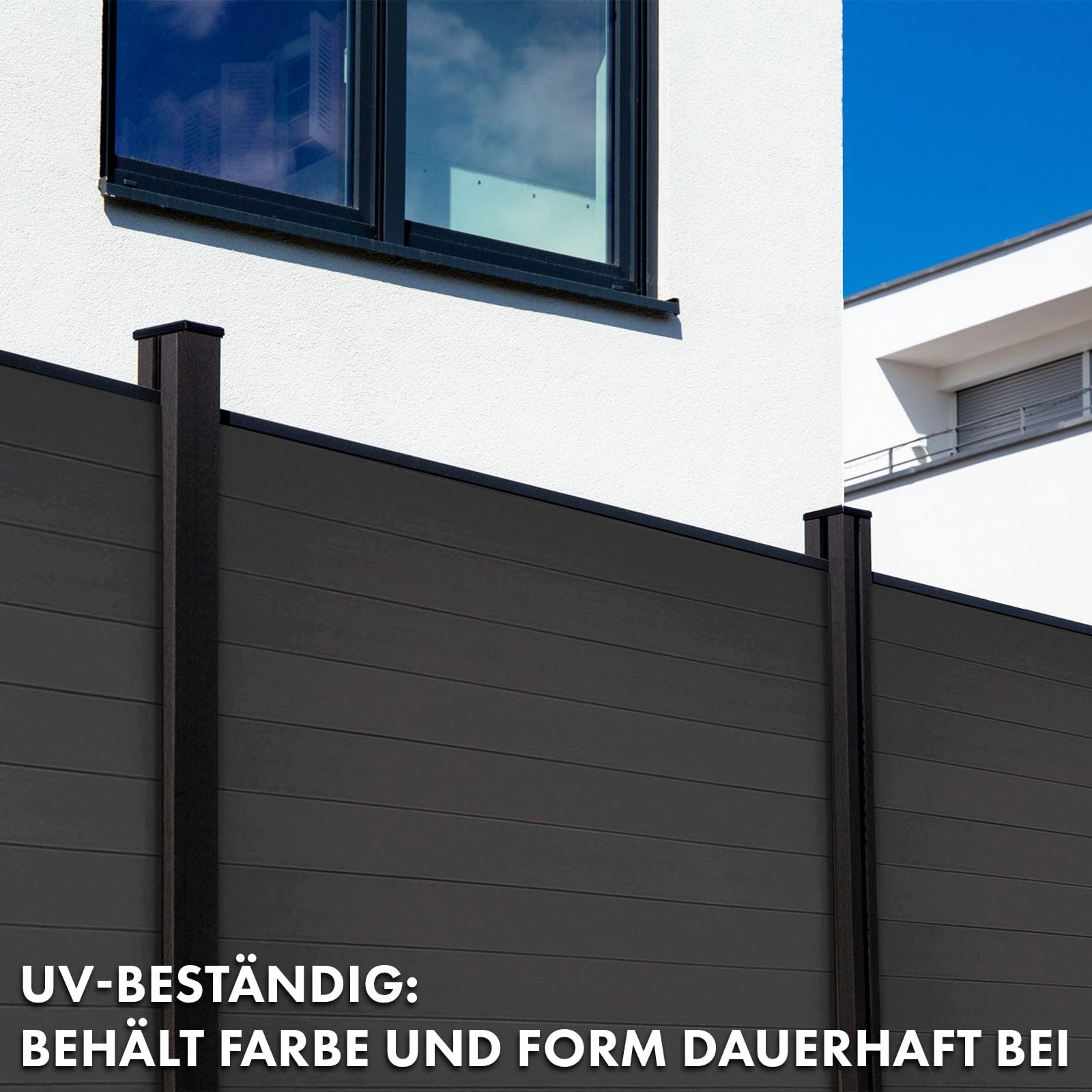 Floordirekt Gartenzaun 180x180cm mit Aluminium Pfosten - WPC Zaun Komplettset Kronos - Sichtschutzzaun - Windschutz Sichtschutz für Terrasse & Garten - Inklusive Montagematerial (Black)