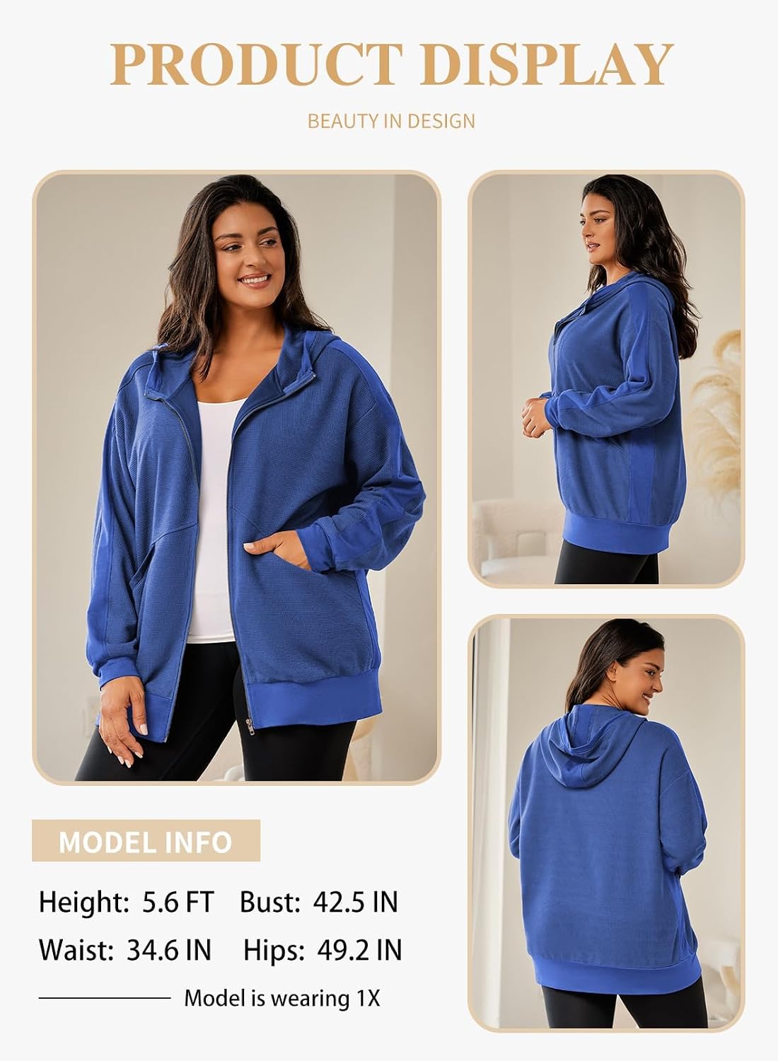 Eytino Plus Size Zip Up Hoodies for Women Oversized Waffle Knit Sweatshirt image 3
