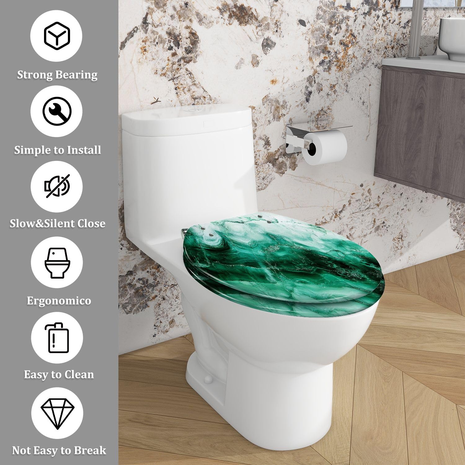 Asiento de inodoro alargado de resina para uso en el baño.