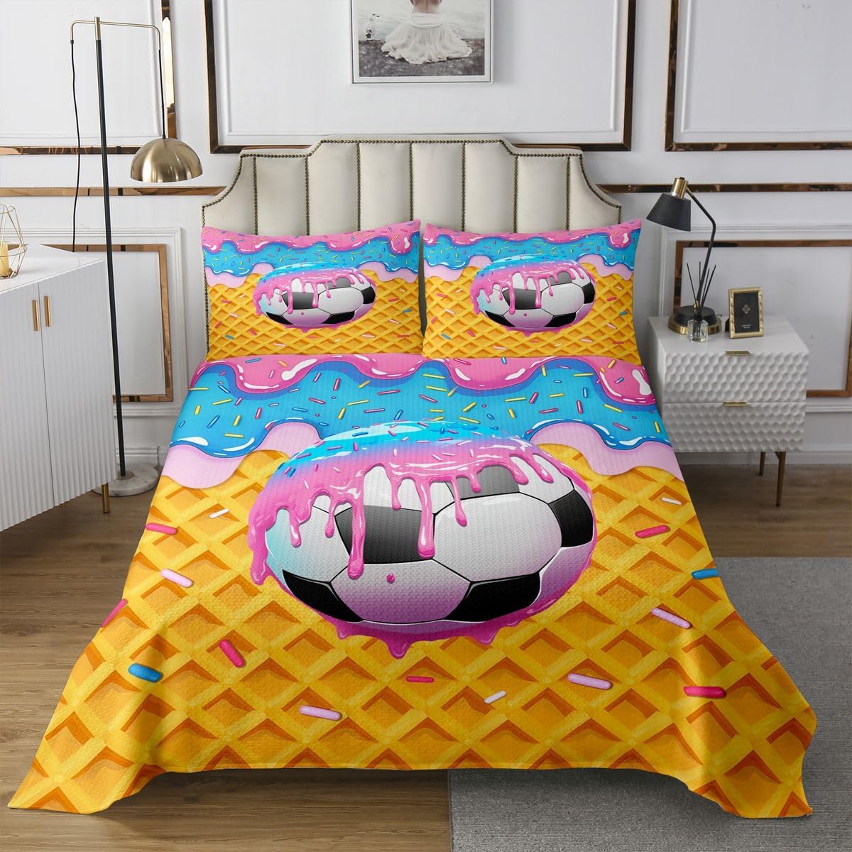 Erosebridal Ice Cream Drip Bedspread Twin Personalized Football Ball Theme Quilt Set Cute Sweet Ball Sports Room Decor Coverlet Set for Kids Adults,Colorful Candy Dessert Bedding Quilted
