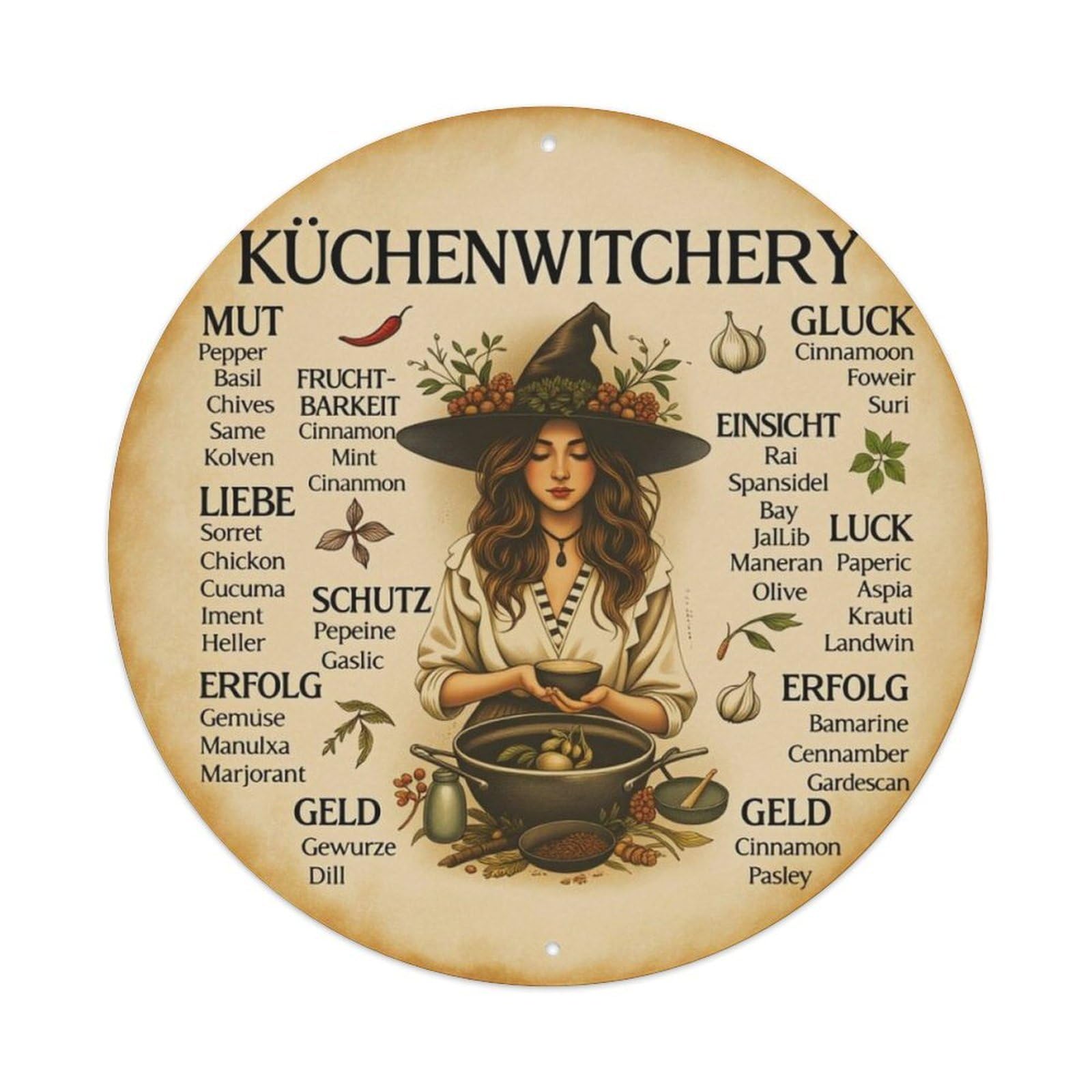 Vintage Kitchen Witch Herbal German Round Decor Sign Vintage Aluminium Metal Sign, Retro Wall Decor for Home, Bar, Garage & Farmhouse 20x20cm