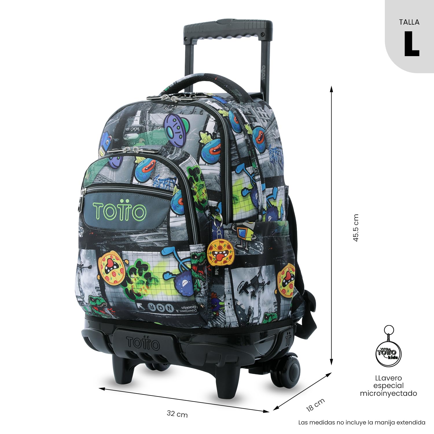 TOTTO - Mochila Escolar con Ruedas, Modelo Renglones, Capacidad 26,21 Litros, Bolsillo para PC 14", Bolsillo Botella, Correas en S para Mayor Comodidad, Resistente, Estampado Rolly Negro