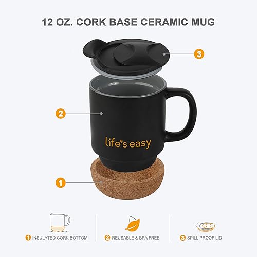 Miniatura 3 de Life's Easy Taza de café de 12 oz con fondo de corcho aislado y tapa a prueba de salpicaduras a presión, color negro