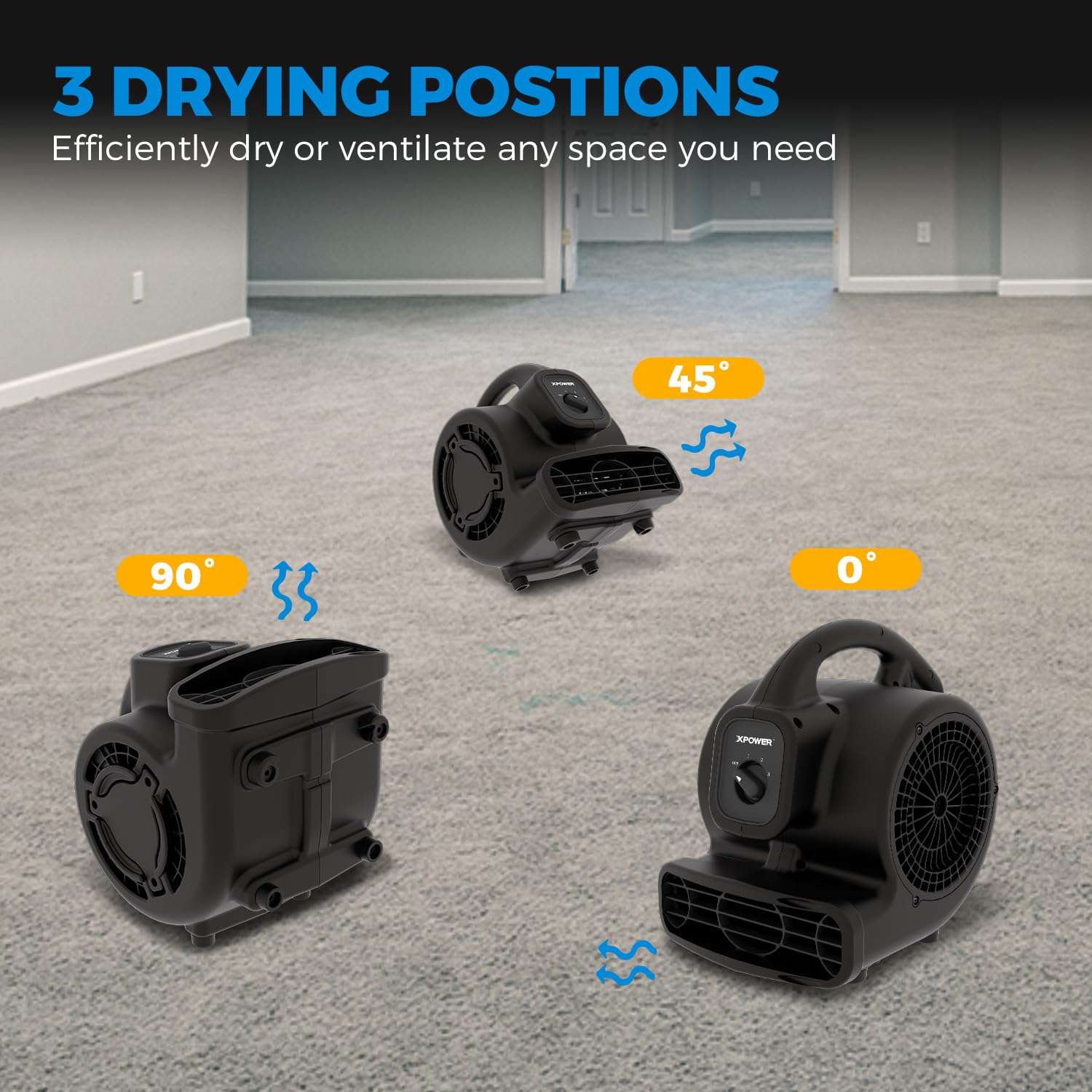 XPower Mighty Centrifugal Air Mover, Carpet Dryer, Floor Fan, Blower, Stackable, Daisy Chain, for Water Damage Restoration, Janitorial, Plumbing, Home Use (Schwarz, P-80 320CFM)