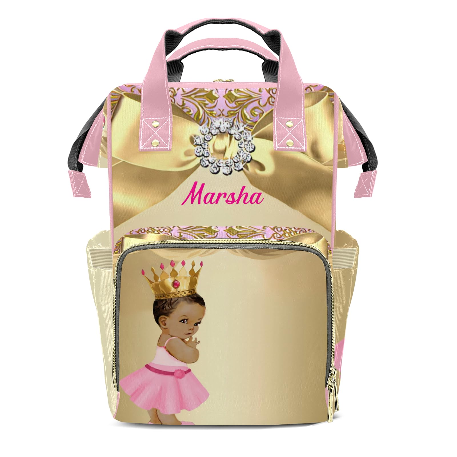 XIUCOO Custom Pink Gold Baby Girl Diaper Bag Backpack with Name Personalized Nappy Shoulders Bag Women Men Gifts 10.83 x 6.69 x15 inch (LxWxH)