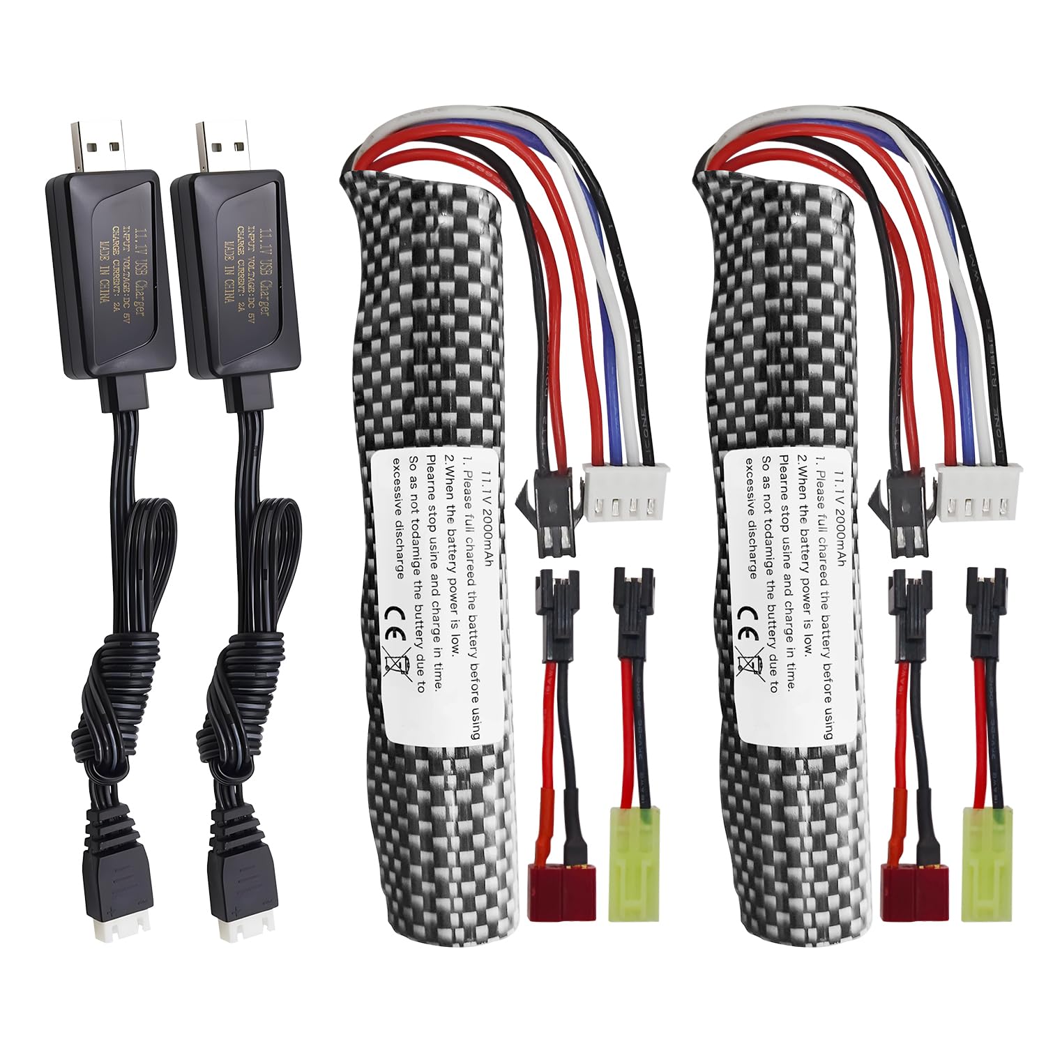 2PCS 3S 11.1V 2000mAh Batterie Connecteur SM-2P avec 2PCS Ligne de Chargement USB pour Gel Airsoft Balle à Eau Gel Airsoft Balle Onde de Choc
