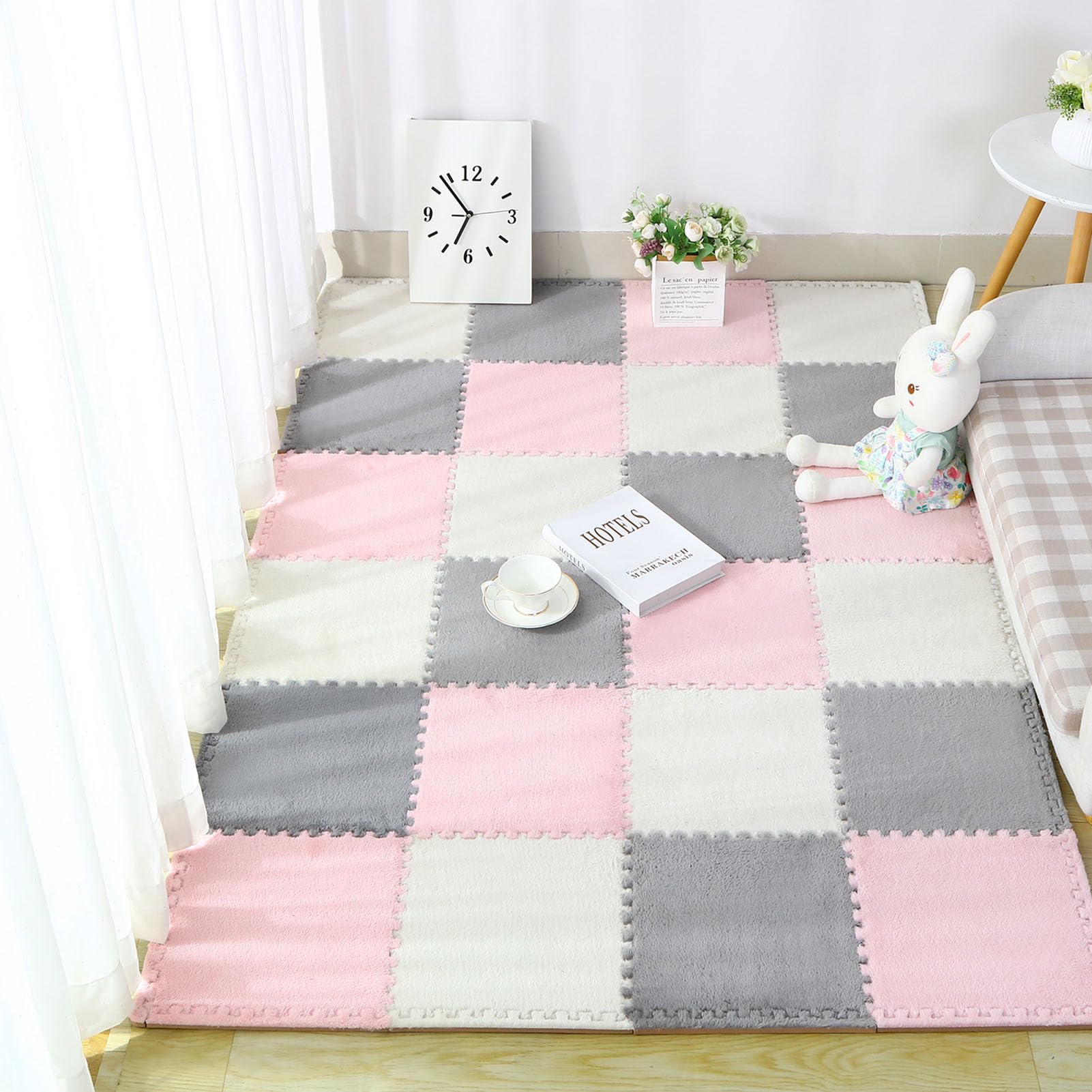 Tappeto ad Incastro Splice 16 Pezzi Tappeto Puzzle in Schiuma ad Incastro, Tappeto Quadrato in Schiuma, Tappeto Patchwork soffice e soffice,White+Gray+Pink
