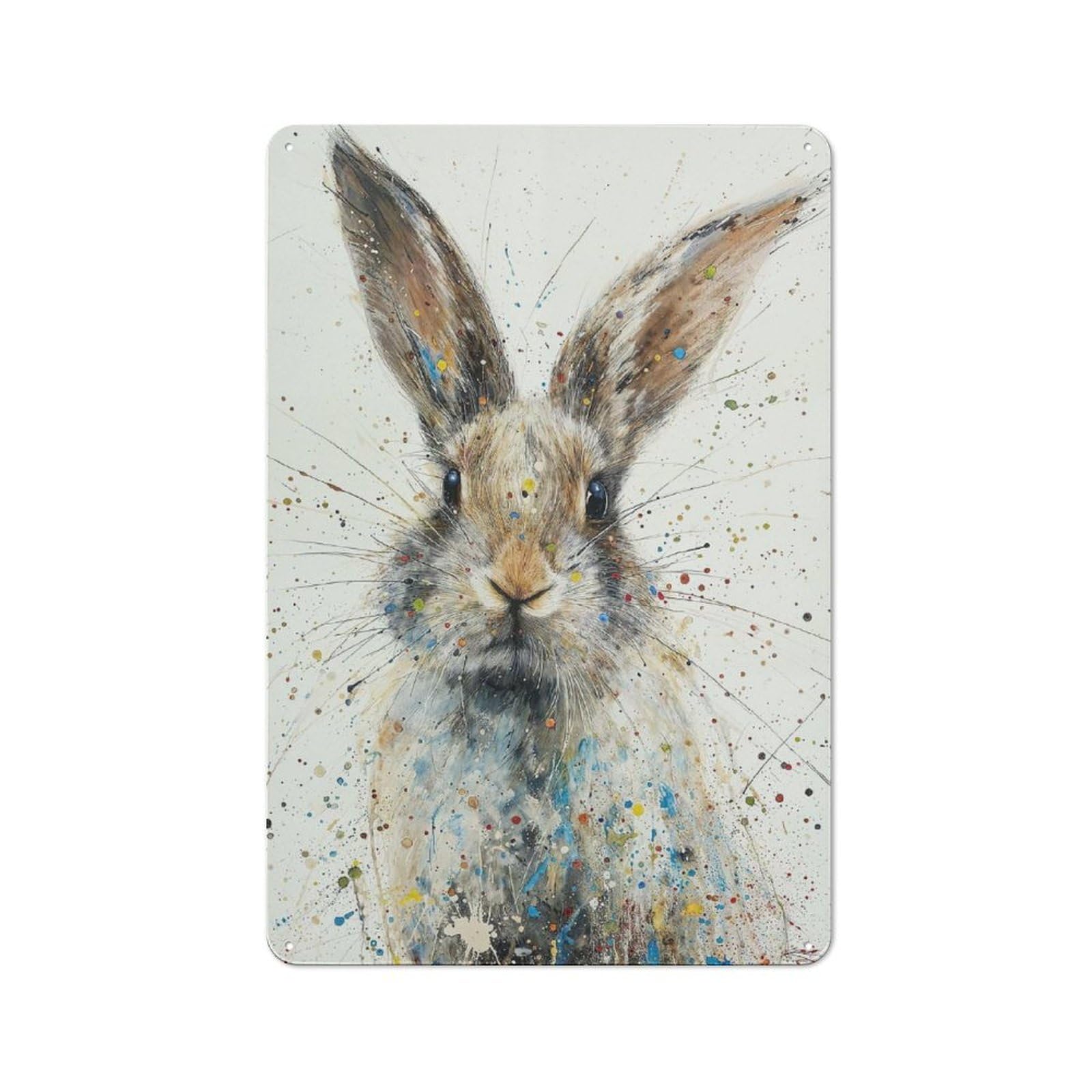 Junmoney Splattered Bunny Charm Tin Wall Plaque With Design 30X20cm, Country Vintage Cottage Wall Art For Kitchen, Cottage, Porch Or Garden Room