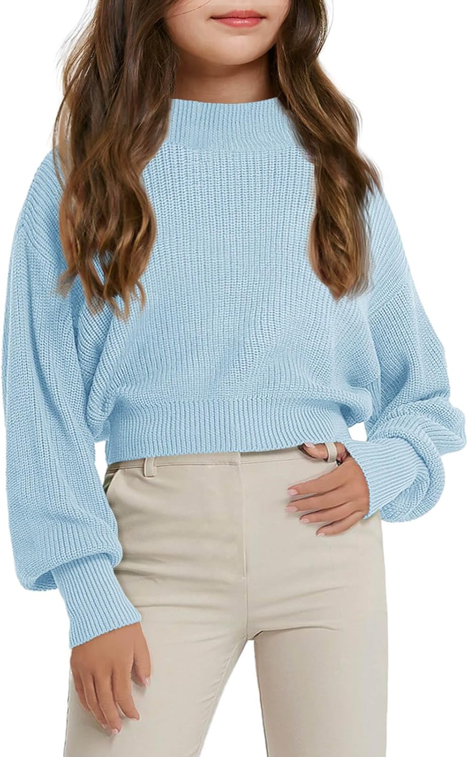 Haloumoning Girls Knit Pullover Sweaters Mock Neck Long Lantern Sleeve Jumper Tops 5-14 Years