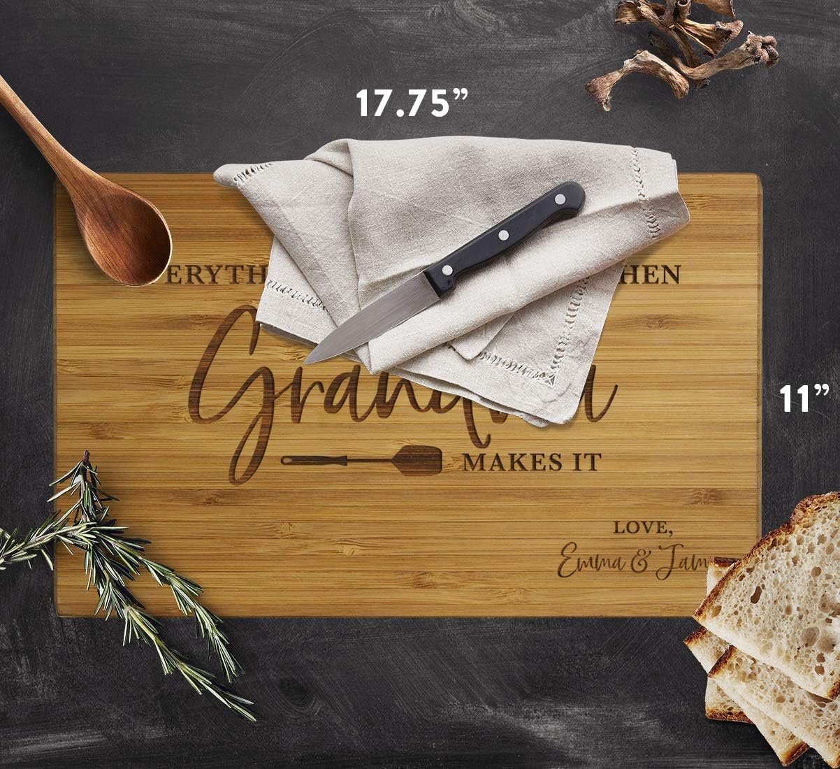 Andaz Press Personalized Large Bamboo Wood Cutting Board Mothers Day Gifts For Mom, 17.75 x 11-inch, Everything Tastes Better When Grandma Makes It, 1-Pack, Custom Engraved Chopping Board