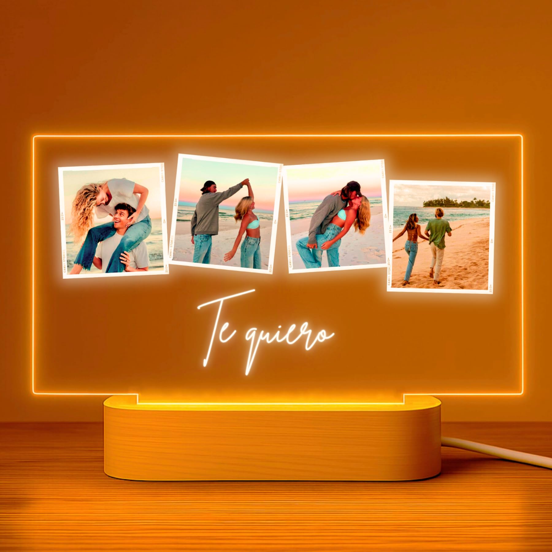 Cristal Plaque Lamparas Personalizadas con 4 Fotos y Mensaje – Placa Metacrilato Personalizada para Regalar Cumpleaños, Boda, Aniversario – Lampara Foto Personalizada con Luz LED y Base de Madera USB