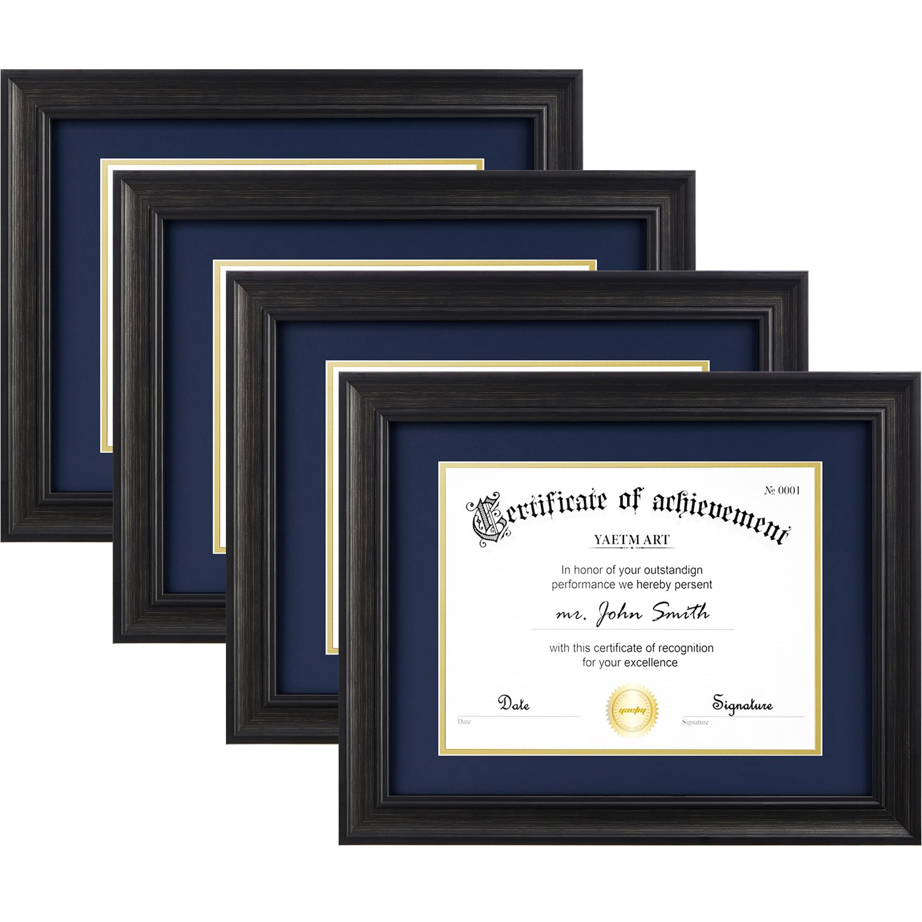 Yaetm 11x14 Diploma Frame | Certificate Frame with HD Tempered Glass, Set of 4, Display 8.5x11 with Navy Over Gold Acid-free Mat or 11 x 14 Document without Mat, Wide Molding (4 pack, Black/Blue)