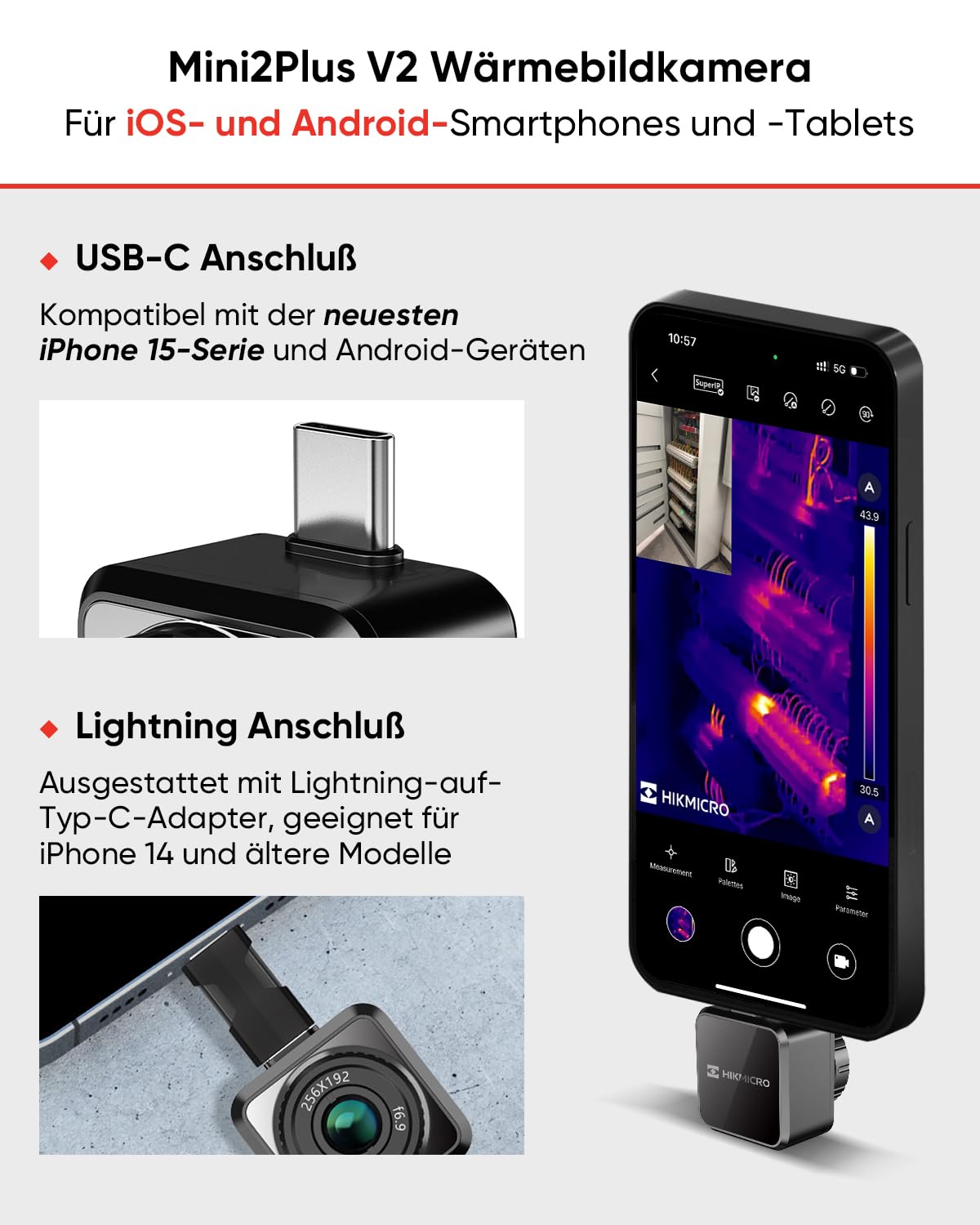 HIKMICRO Wärmebildkamera Mini2PlusV2 512 x 384 SuperIR, Manuell fokussierende Thermal Camera Kompatibel mit iOS und Android, 256 x 192 IR-Auflösung, 25Hz, USB-C/Lightning(unterstützt iPhone 15/16)