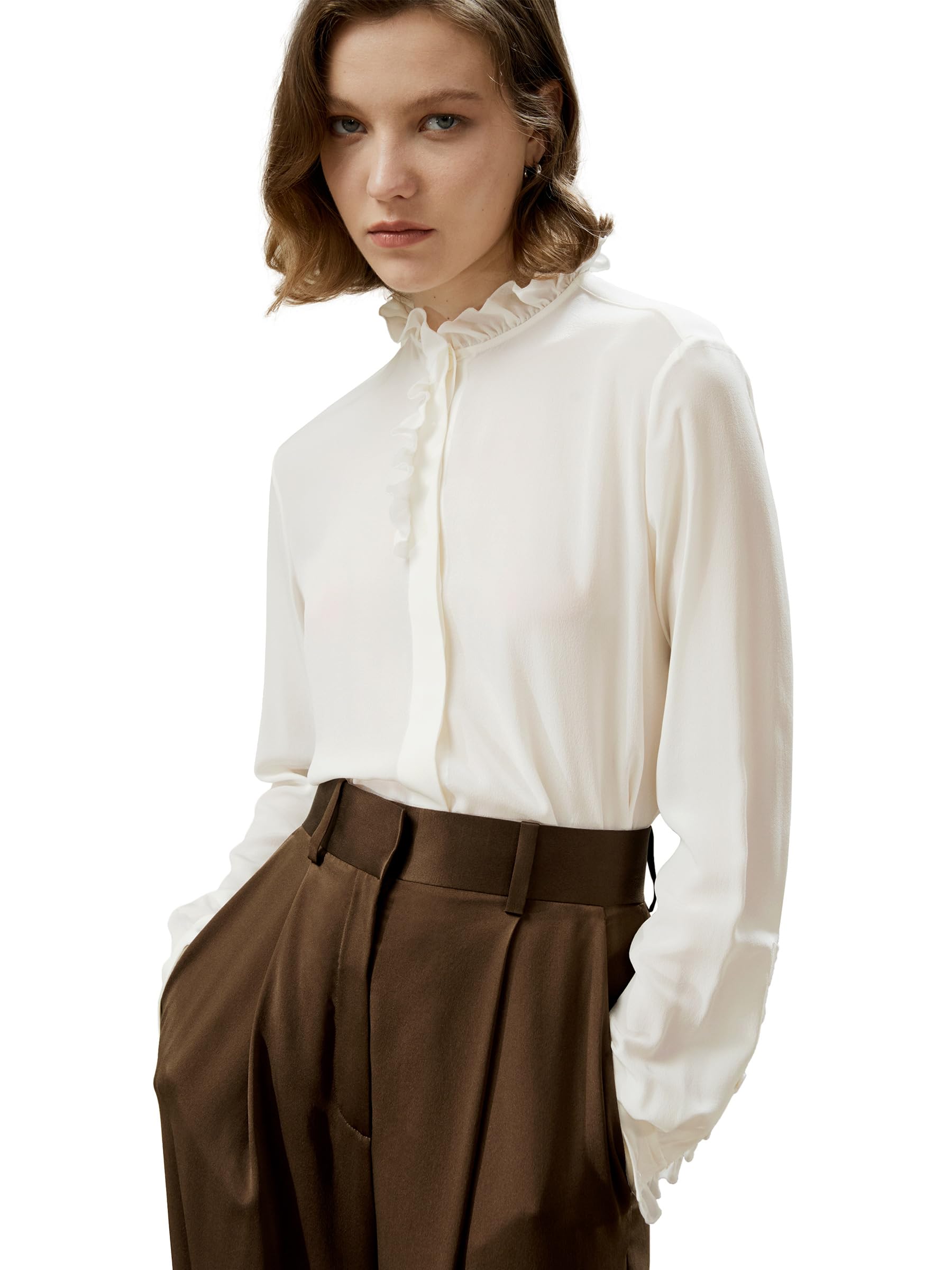 LilySilk Damen Seidenhemd Frauen 100% doppellagige Crêpe Seidenbluse mit dekorativen Rüschen für Freizeit