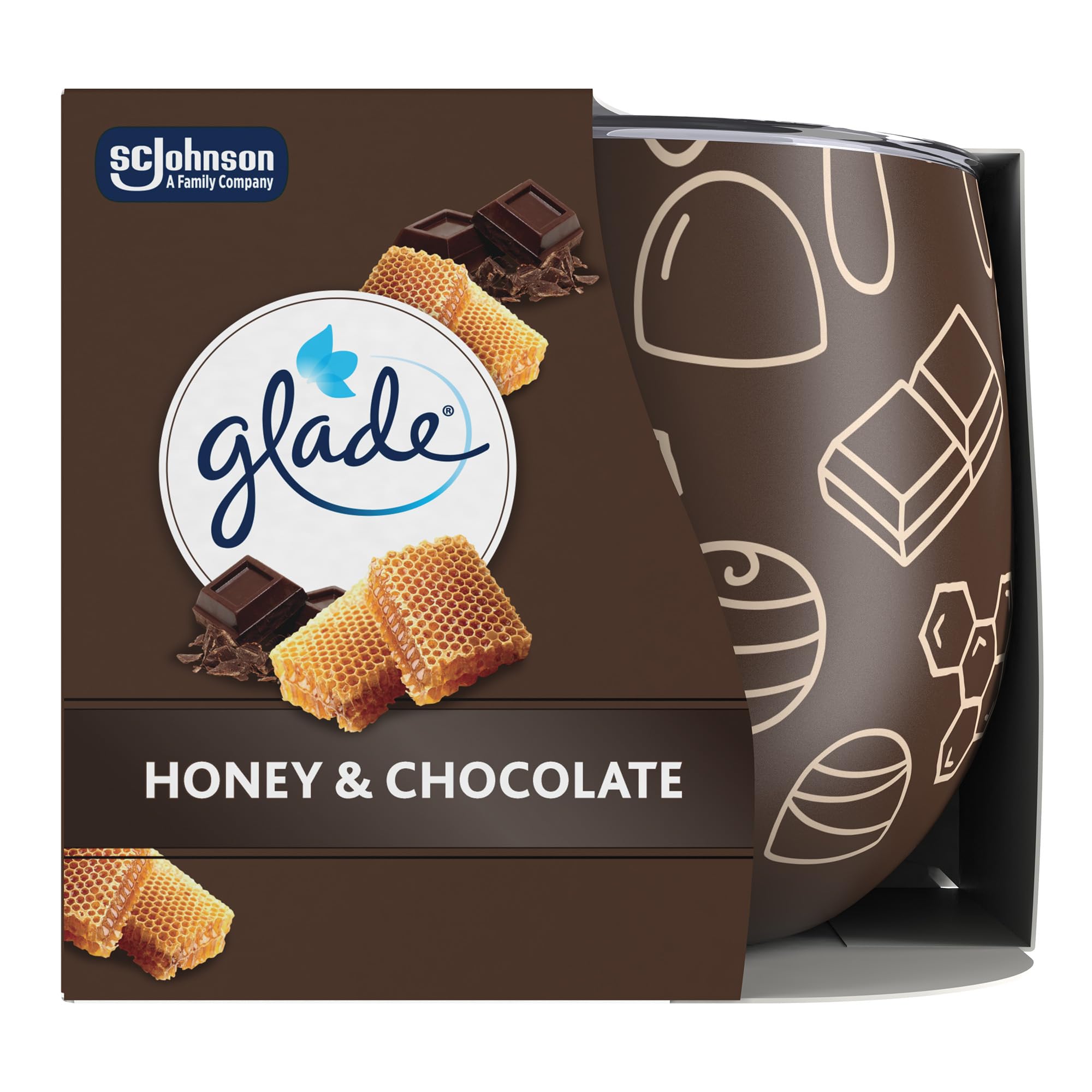 Glade Duftkerze mit Dekorfolie, Honey & Chocolate, bis zu 22 Stunden Brenndauer, 6er Pack (6 x 108 g)