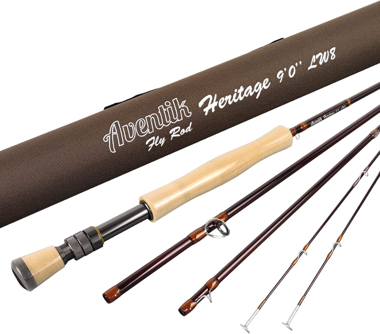 Aventik Heritage Fly Fishing Rod - American Quality- 4 Pieces 9FT IM8 Carbon Blank Classic Forgiving Medium Fast Action Fly Rod with Burgundy Finish and Premier Portuguese Cork Handle (4/5/6/7/8wt)