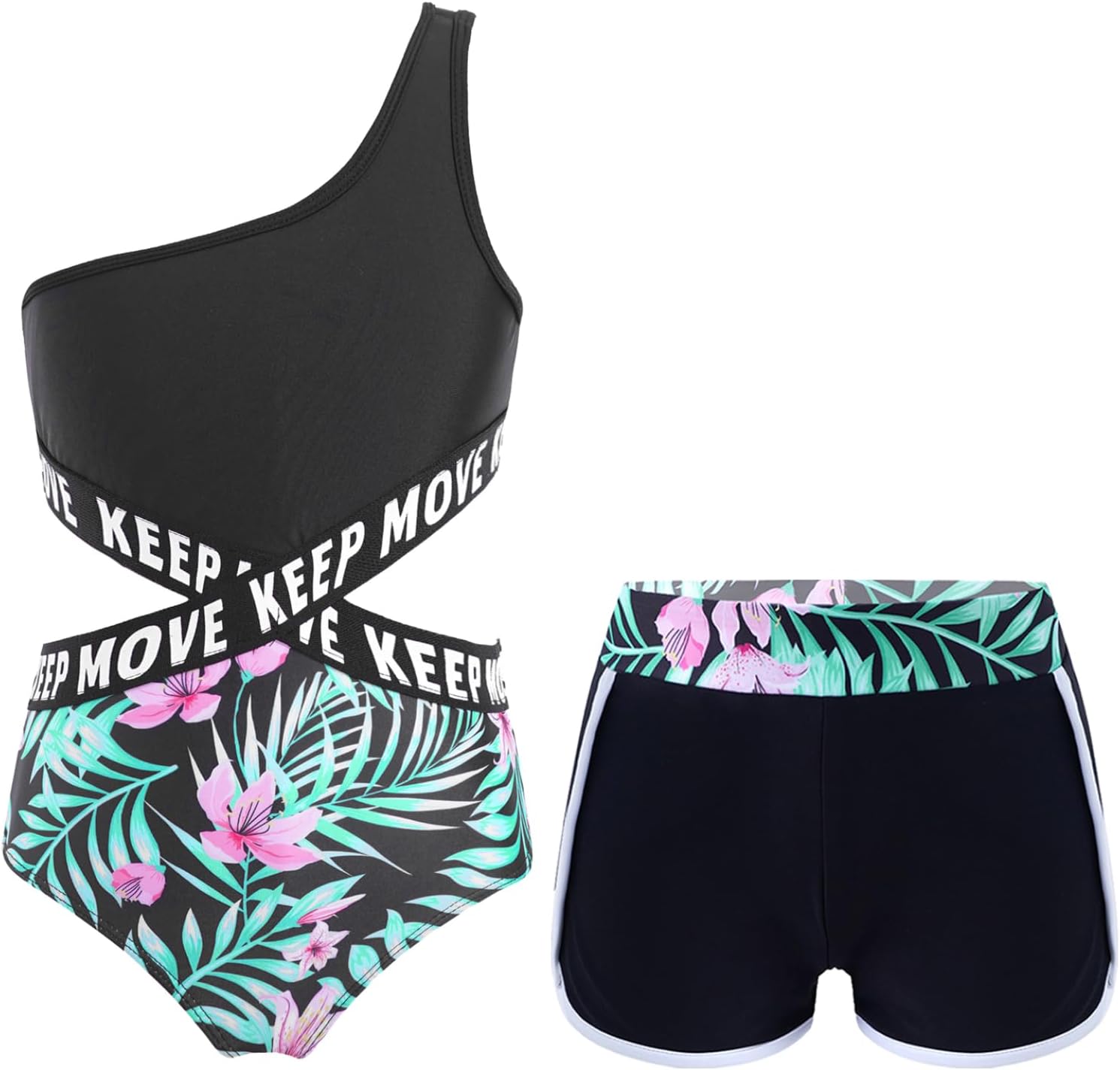 Kids Girls Tankini Swimwear Set Cutout One-Piece Swimsuit with Bottoms Boyshorts Rashguard Bathing Suit
