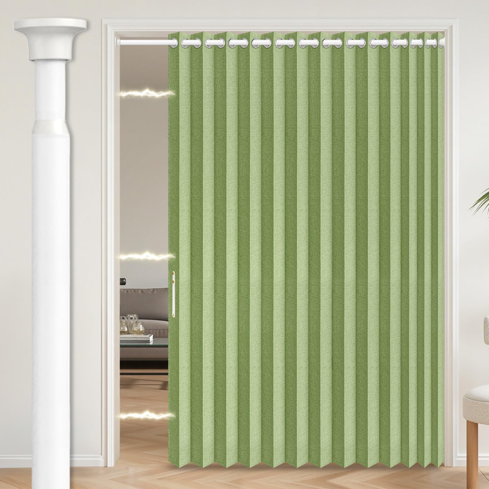 AJAZZ Blackout Accordion Door with Curtain Rods Adjustable 28-63" Long, Invisible Sliding Glass Door Curtain for Bedroom Living Room Doorway Curtain Set, 1 Pack, W75 x L80 in, Green