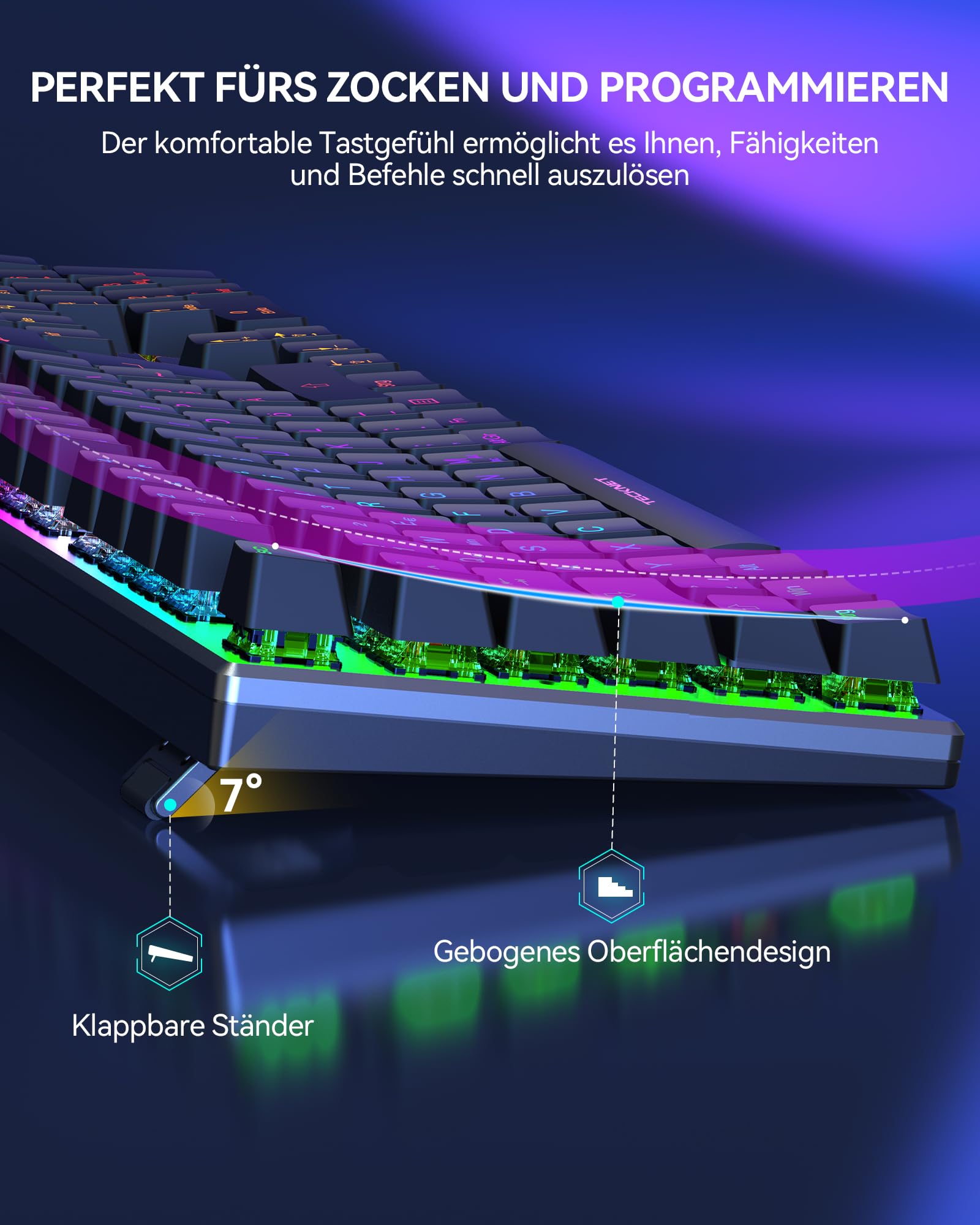 TECKNET Mechanische Gaming-Tastatur, QWERTZ-Tastatur (Deutsches Layout), roten Schaltern für Gamer & Büro, 109 Tasten kabelgebundene programmierbare Tastatur, Anti-Ghosting, 24 LED-Beleuchtungsmodi