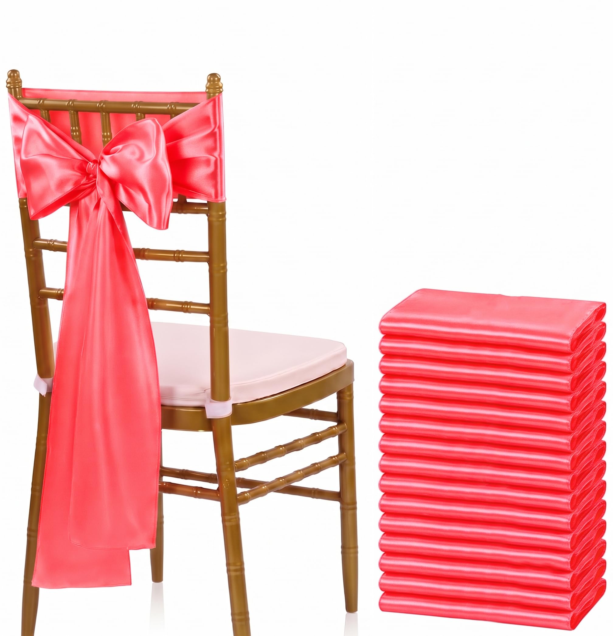 VDS Satin Chair Sashes Chair Cover Back Tie Sateen Bows Ribbon for Wedding Birthday Graduation Engagement Ceremony Event Party Banquet Venue Hotel All Dining Chair Decoration (50PC) (Coral)