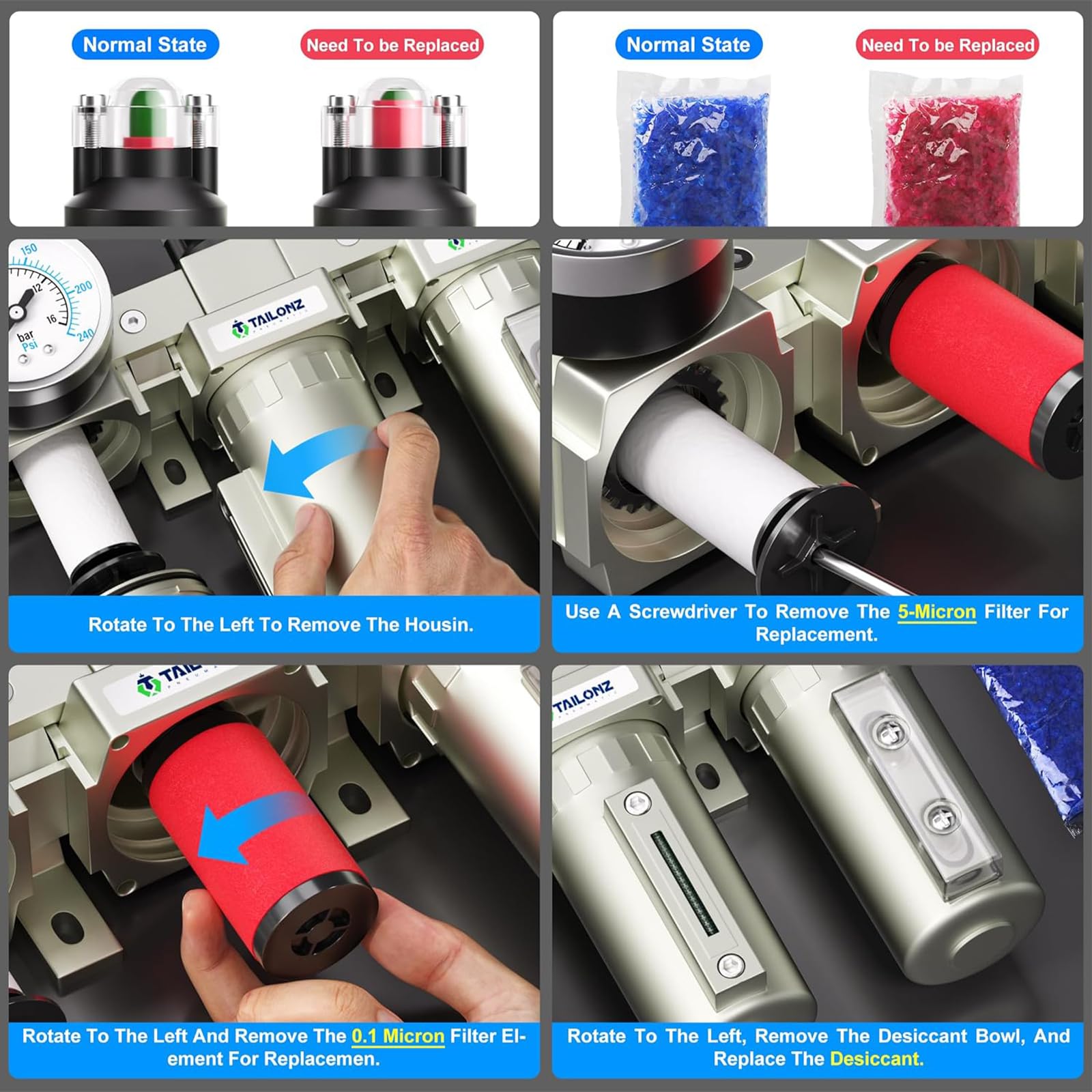 TAILONZ PNEUMATIC 0-1.6MPA 1/2 Inch BSP Sistema Industrial de Secado de Aire de Tres Etapas, Filtro de Partículas, Filtro Coalescente, Secador Desecante y Regulador de Aire (Drenaje Automático)