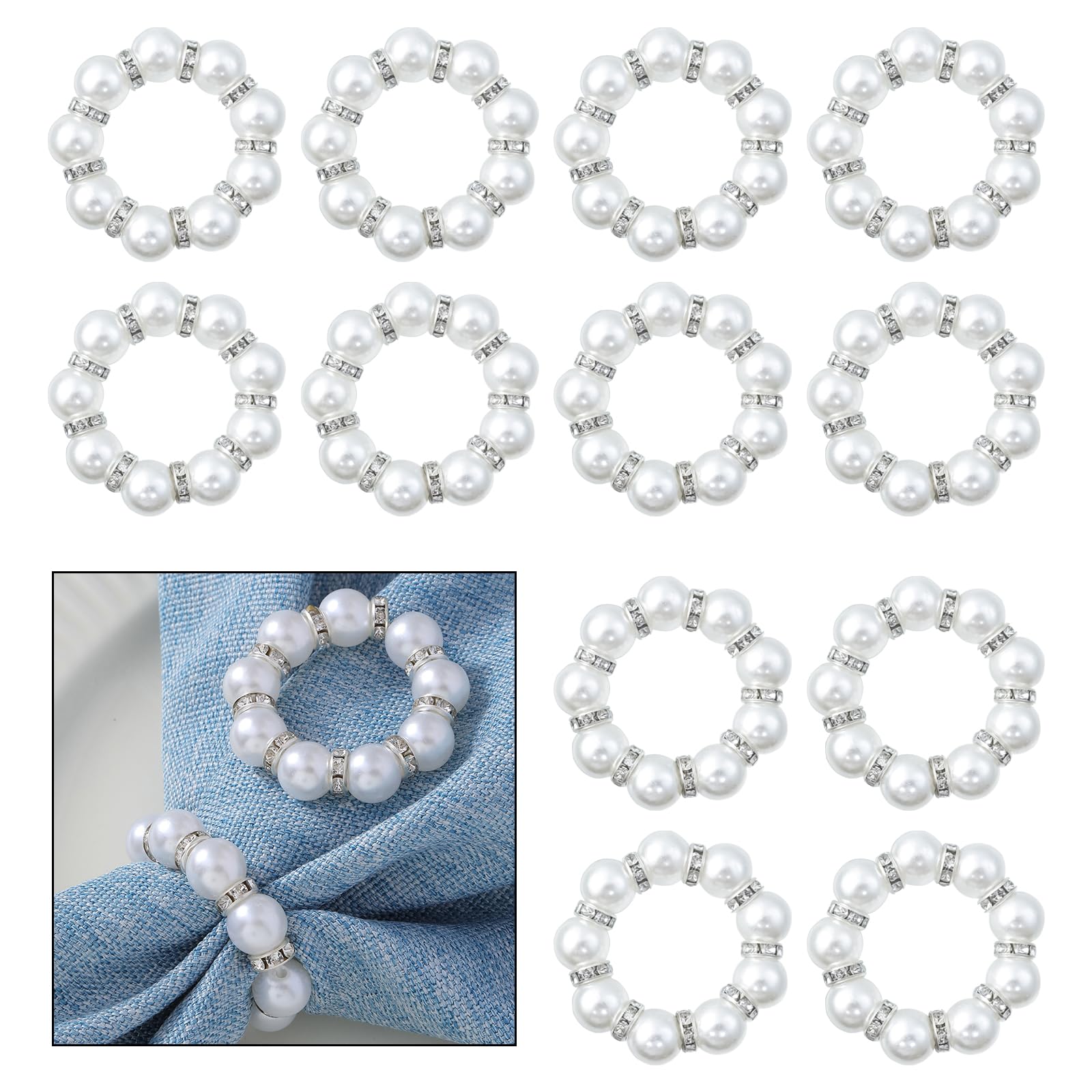 Hevysuo Silver 12 Pcs Artificial Pearl Napkin Rings,Decor For Wedding,Napkin Buckles Table Decor,Plastic Napkins Ring For Candlelight Dinner Anniversary Family Party Banquet,1,9 X 0,3Inch,
