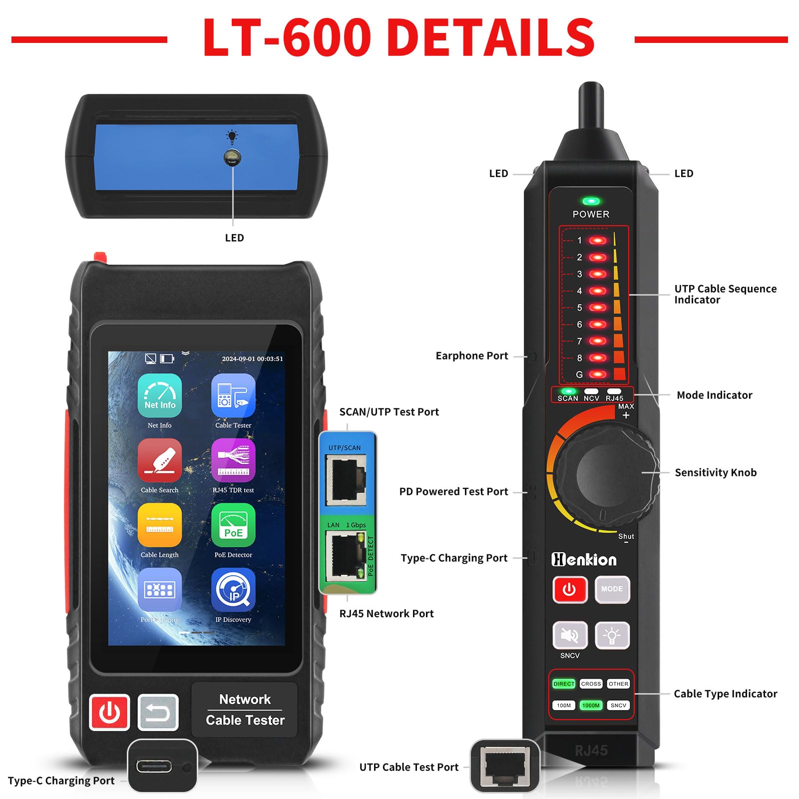 Henkion Testeur Câble Réseau RJ45 Professionnel avec Écran IPS 4", Ethernet Tester Rechargeable, Outils Réseau, Détection POE++, Mesureur de Longueur de Câble, Test TDR RJ45, NCV, Alimentation PD, FTP