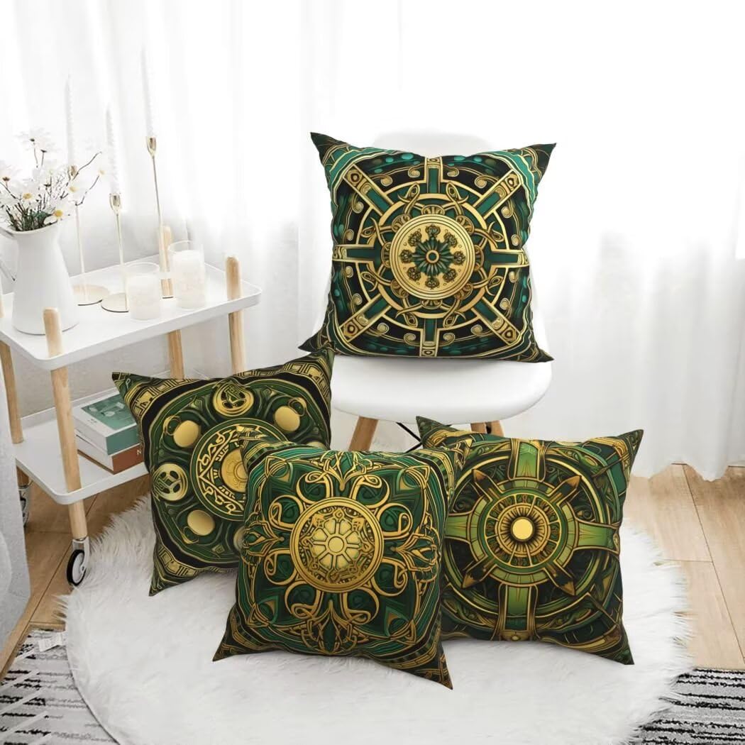 Kissenbezug 50x50 4er Set Leinen Kissenbezüge Goldgrün Dekorative Sofakissen Zierkissen Geometrisch Couchkissen Outdoor Kissen Zierkissenbezüge Deko Kissen für Sofa Schlafzimmer Wohnzimmer -LI12