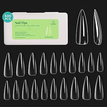 Beetles Gel Nail Tips Clear, Stiletto Medium, 500Pcs 10 Sizes Pre-Shaped