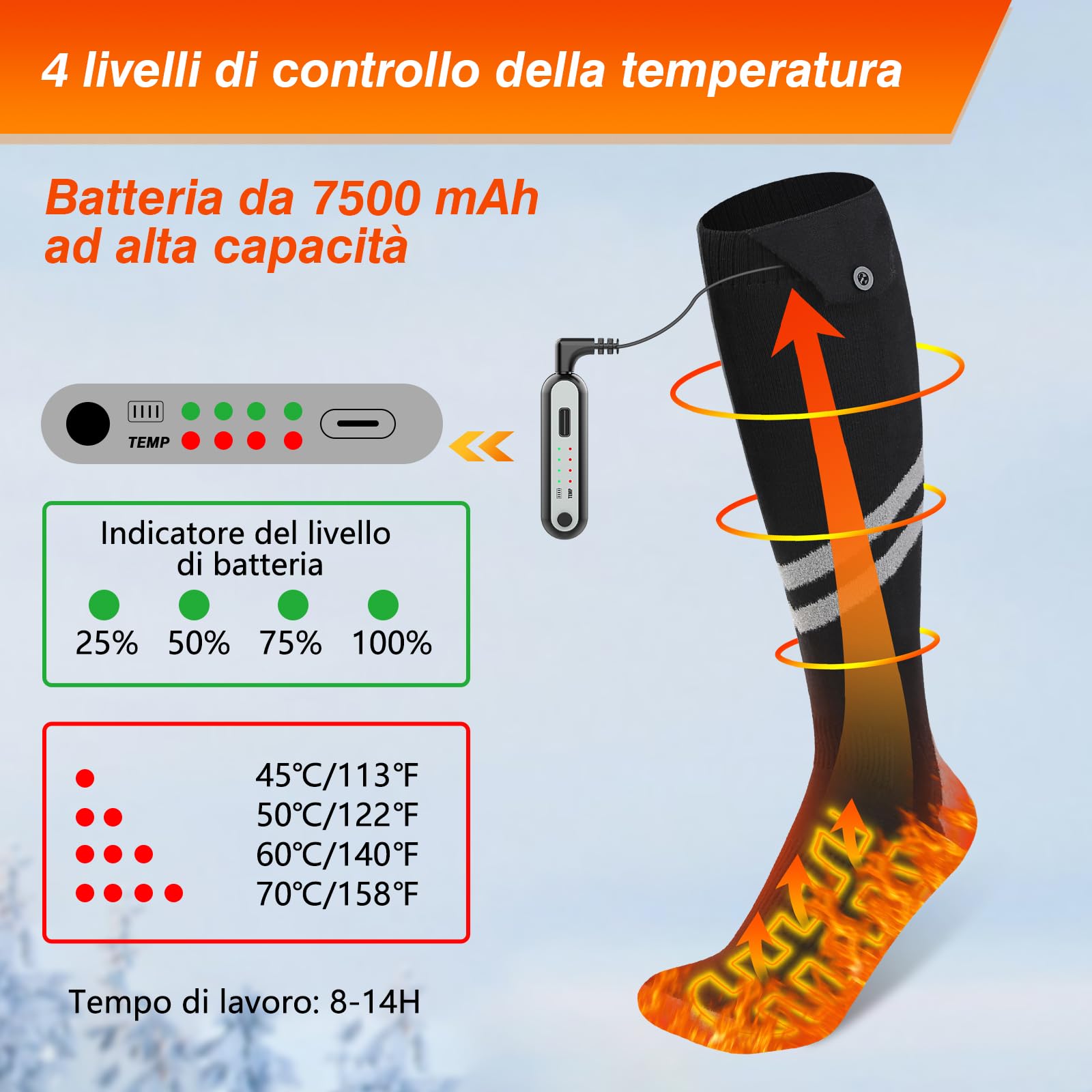2024 Calze Riscaldate a Batteria Ferdiiz, 2 x 7500mAh/5V Max. 14 Ore Inverno Ricaricabili Calzini USB Riscaldati Scaldapiedi Elettrico Calze al ginocchio con 4 Temperature per l'intero Plantare