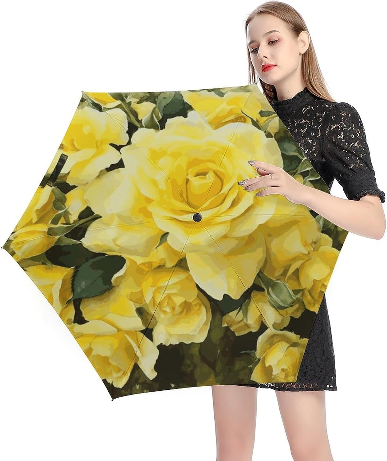 Yellow Rose Umbrella, Strongest Windproof 5-Fold Travel Umbrellas, Premium Portable Folding Umbrella for Rain & Sun, Compact Umbrellas for Purse Backpack, Outdoor & Gifts