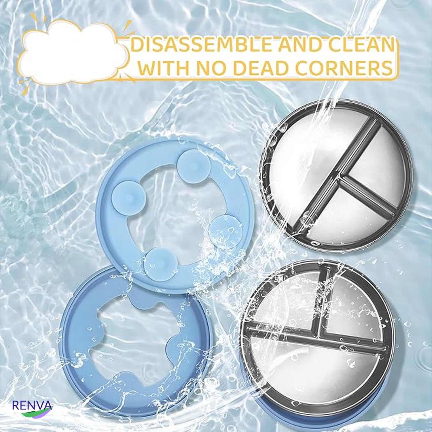 RENVA Stainless Steel Kids Plates Suction Plate for Baby,Divided Toddler Plates with Removable Silicone Sleeves for Mess-Free Feeding, Non-Toxic, Non-Slip (Blue, 1 Plate) 2