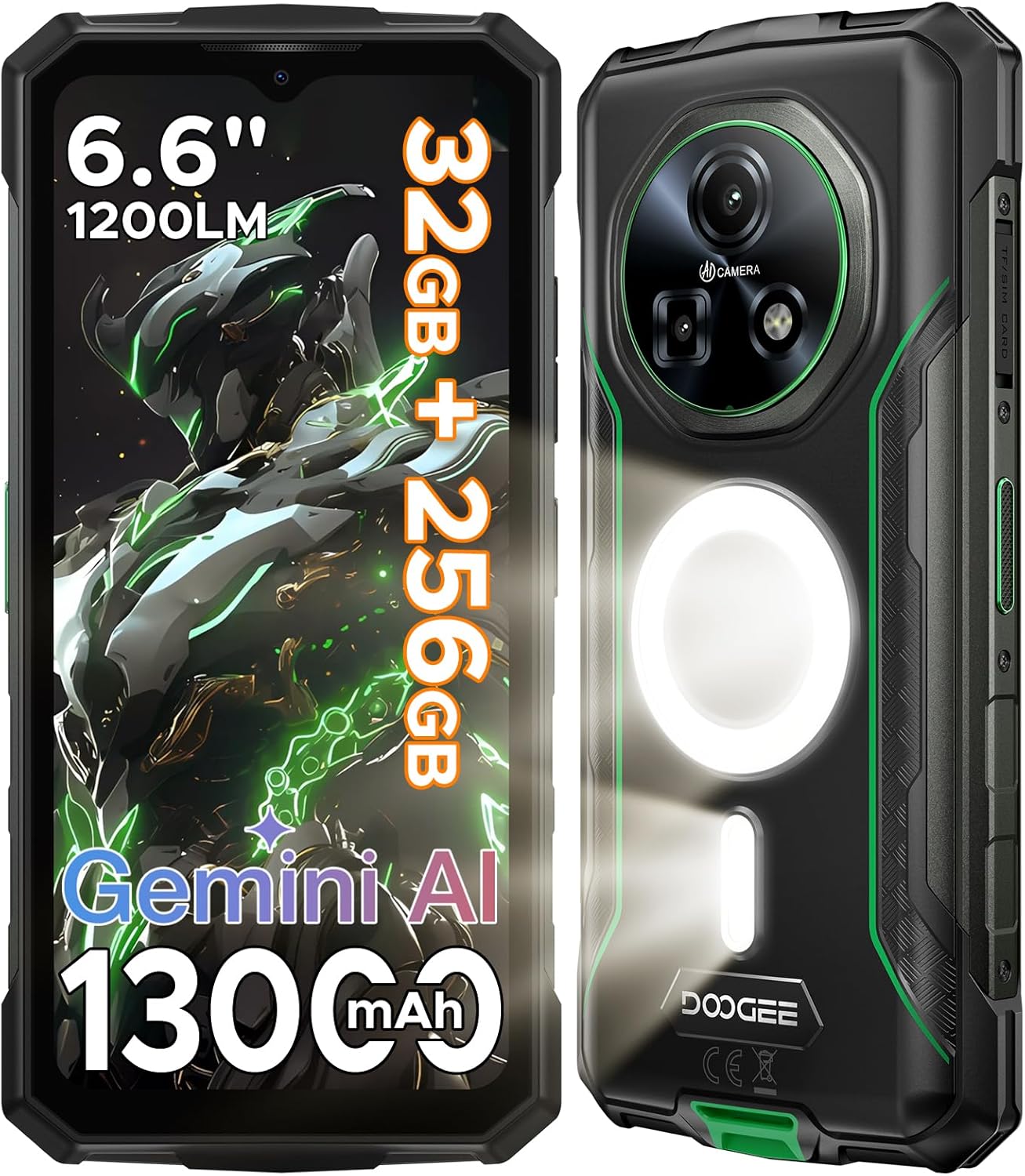 DOOGEE Fire 5 Ultra Telefono Movil Irrompible, 32GB+256GB/2TB 1200LM Móvil Resistente, MTK G81, 13000mAh 6.6″ Teléfono Android 15, Linterna para Camping/48MP/4G Dual SIM/Huella&Face ID/NFC Smartphone