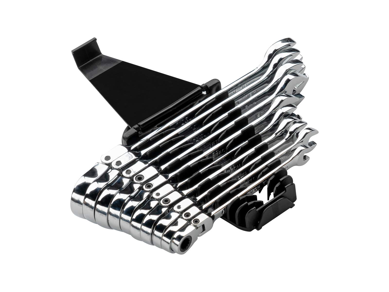 Jetech 10pc Flexible Ratcheting Combination Wrench Set (Metric 8mm - 19mm) - Industrial Grade Cr-V Steel Gear Spanner in Polished Chrome Finish